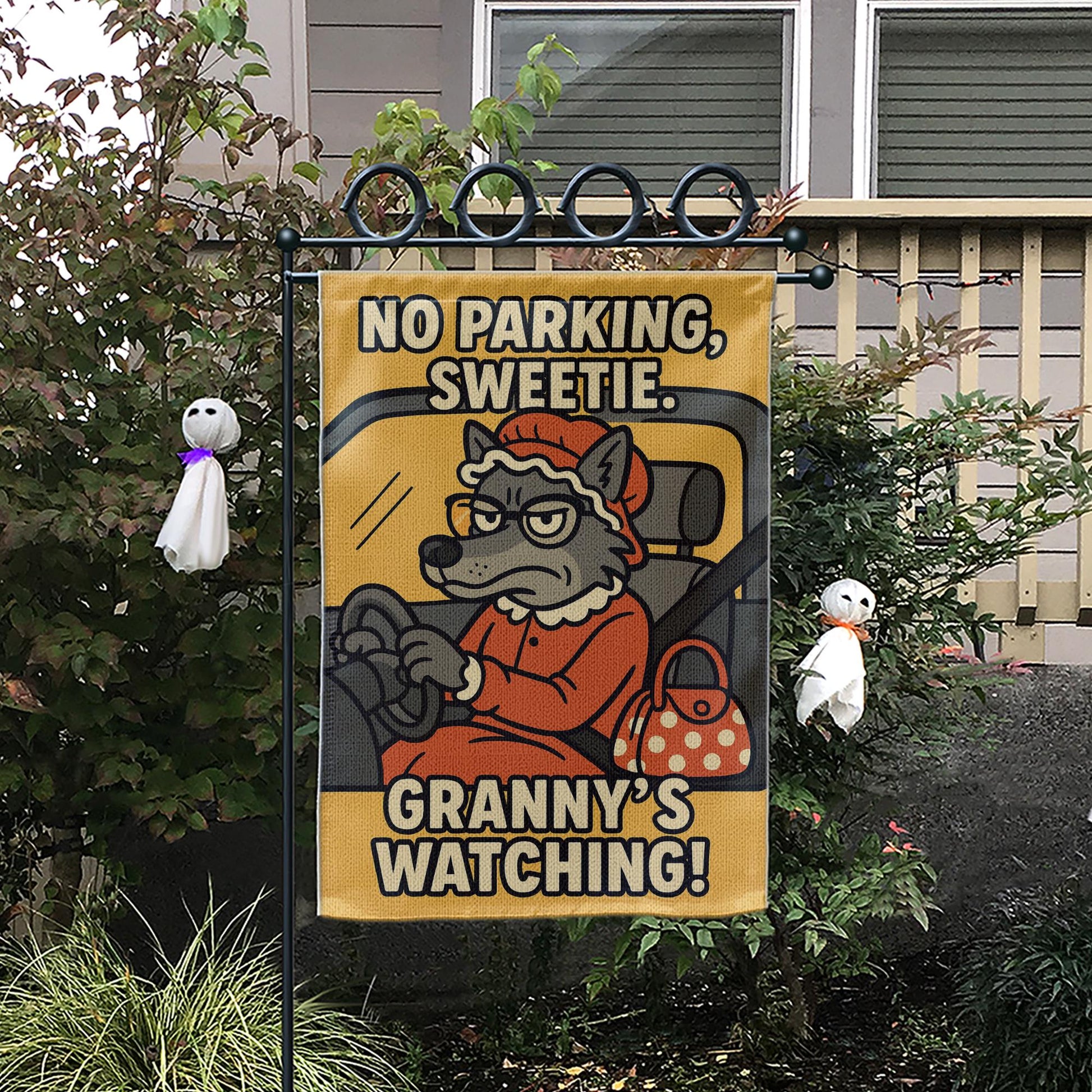 Funny Garden Flag – No Parking Sweetie Outdoor Yard Banner with Granny Wolf Design