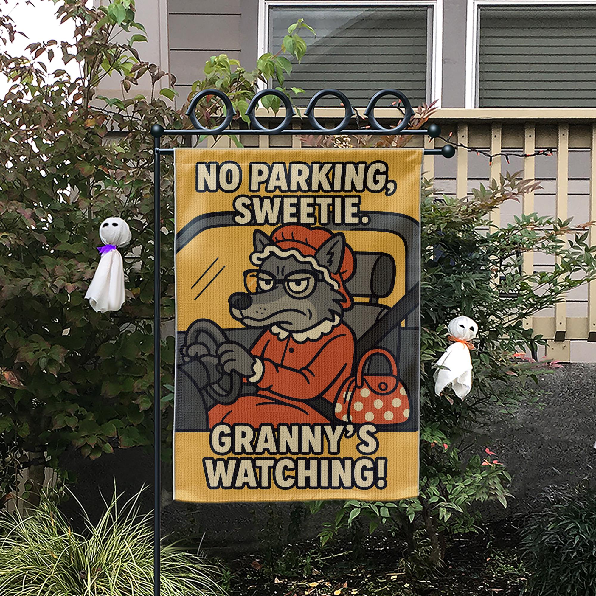 Funny Garden Flag – No Parking Sweetie Outdoor Yard Banner with Granny Wolf Design
