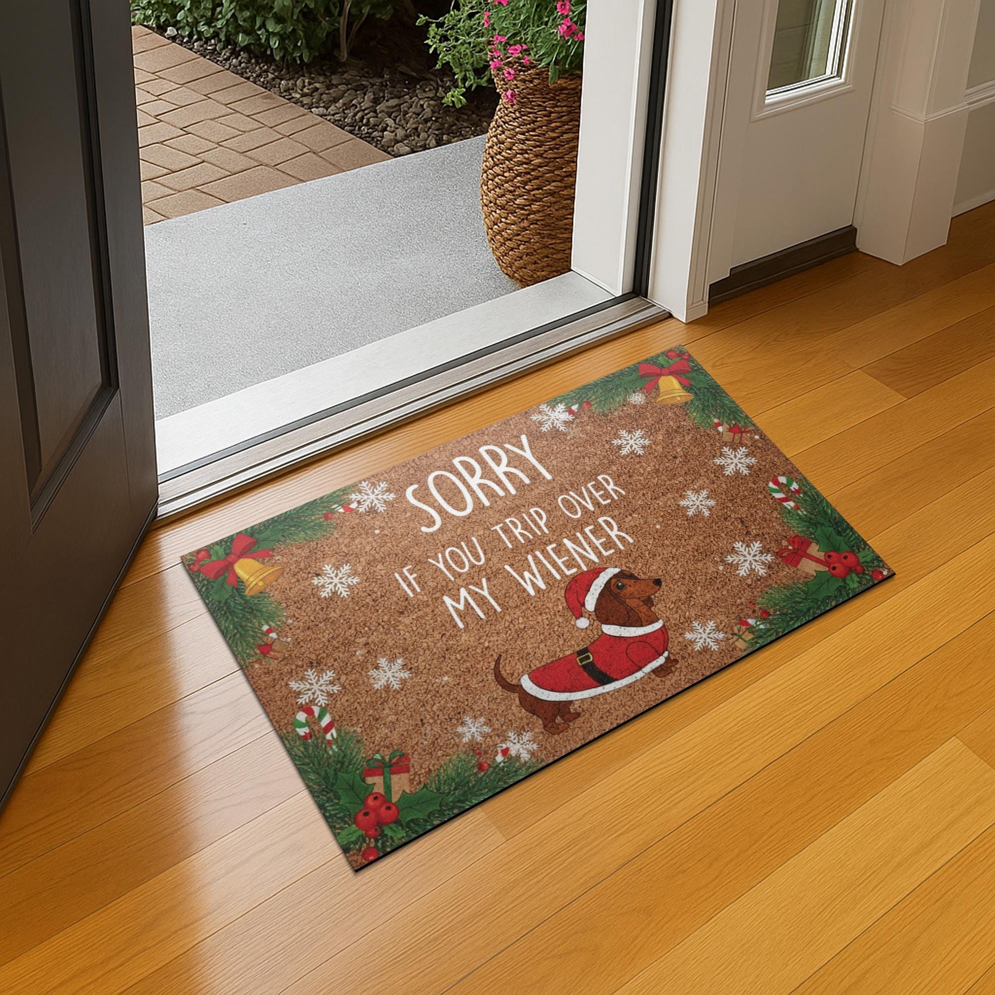 Christmas Dachshund Doormat – Funny Outdoor Welcome Mat with Wiener Dog Santa Design