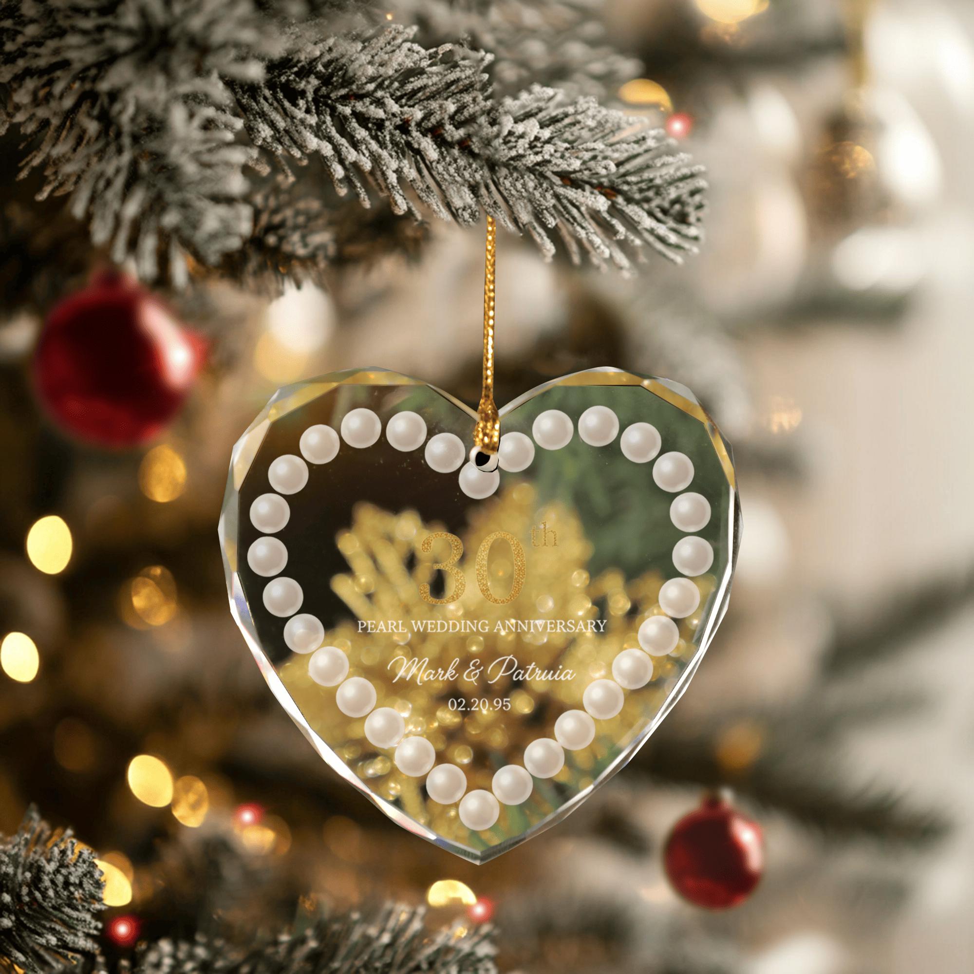 Personalized Pearl Anniversary Glass Ornament — Heart Shape — Custom Names & Date