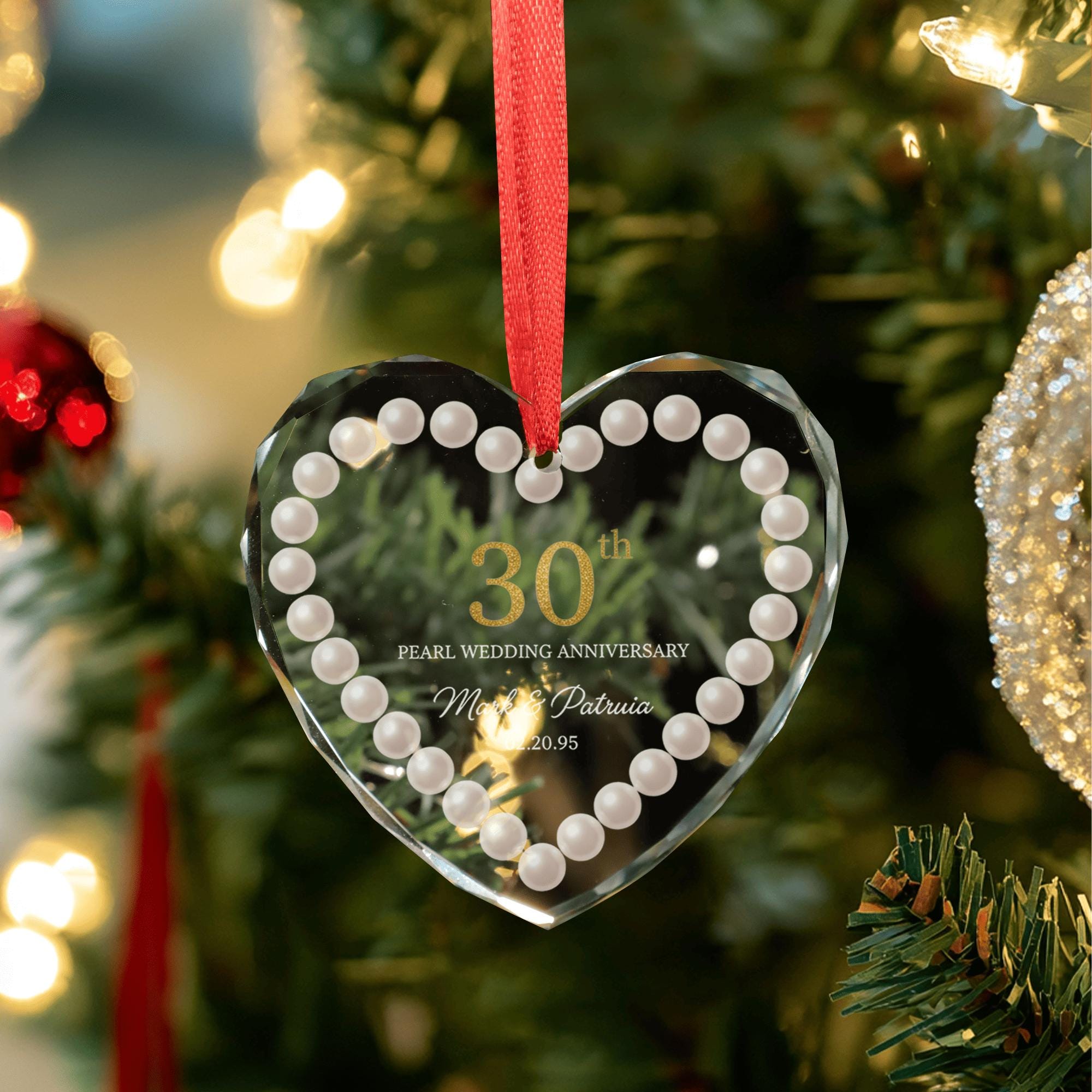 Personalized Pearl Anniversary Glass Ornament — Heart Shape — Custom Names & Date
