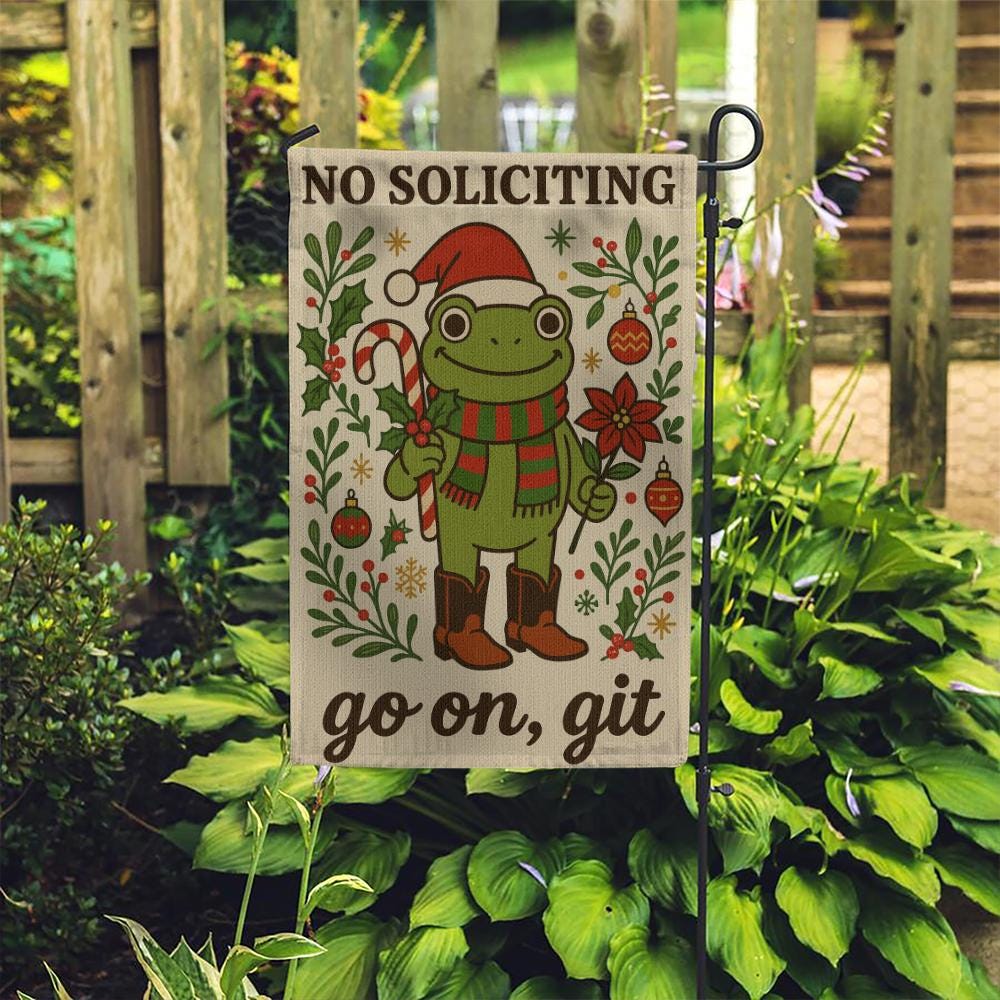 Garden Flag – No Soliciting “Go On, Git” Frog – Outdoor Yard Banner