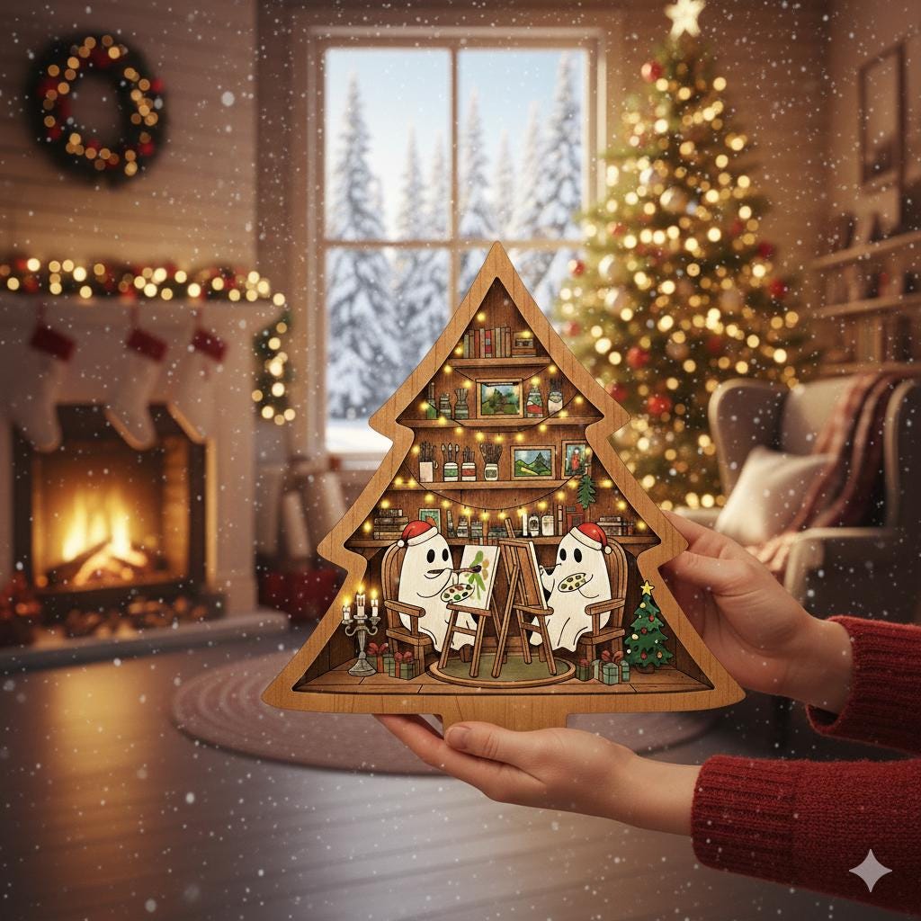 Painting Ghosts Wooden Block – Christmas Tree Shelf Sitter Decoration