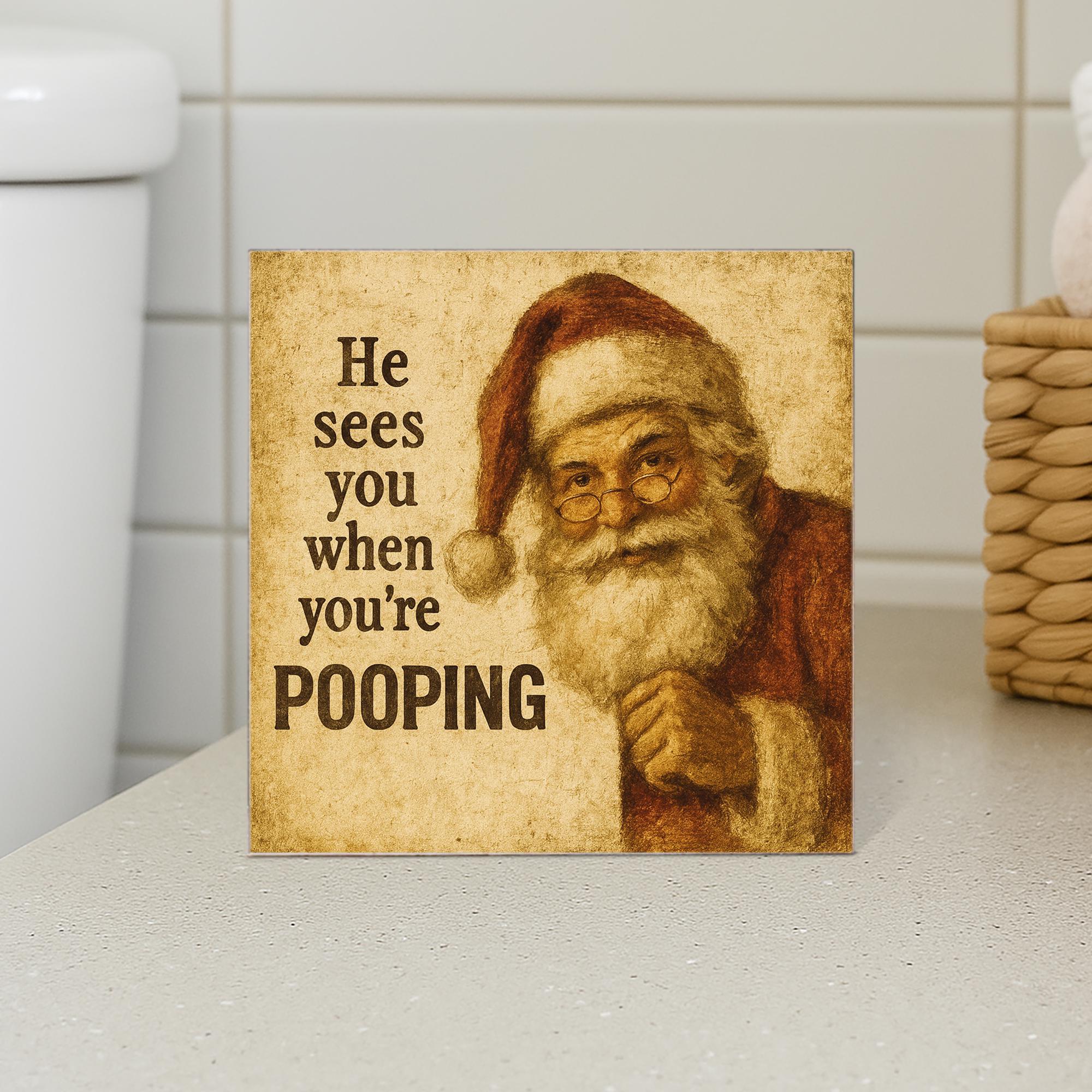 Funny Santa Bathroom Sign – Christmas Wooden Block Holiday Gag Gift Decor