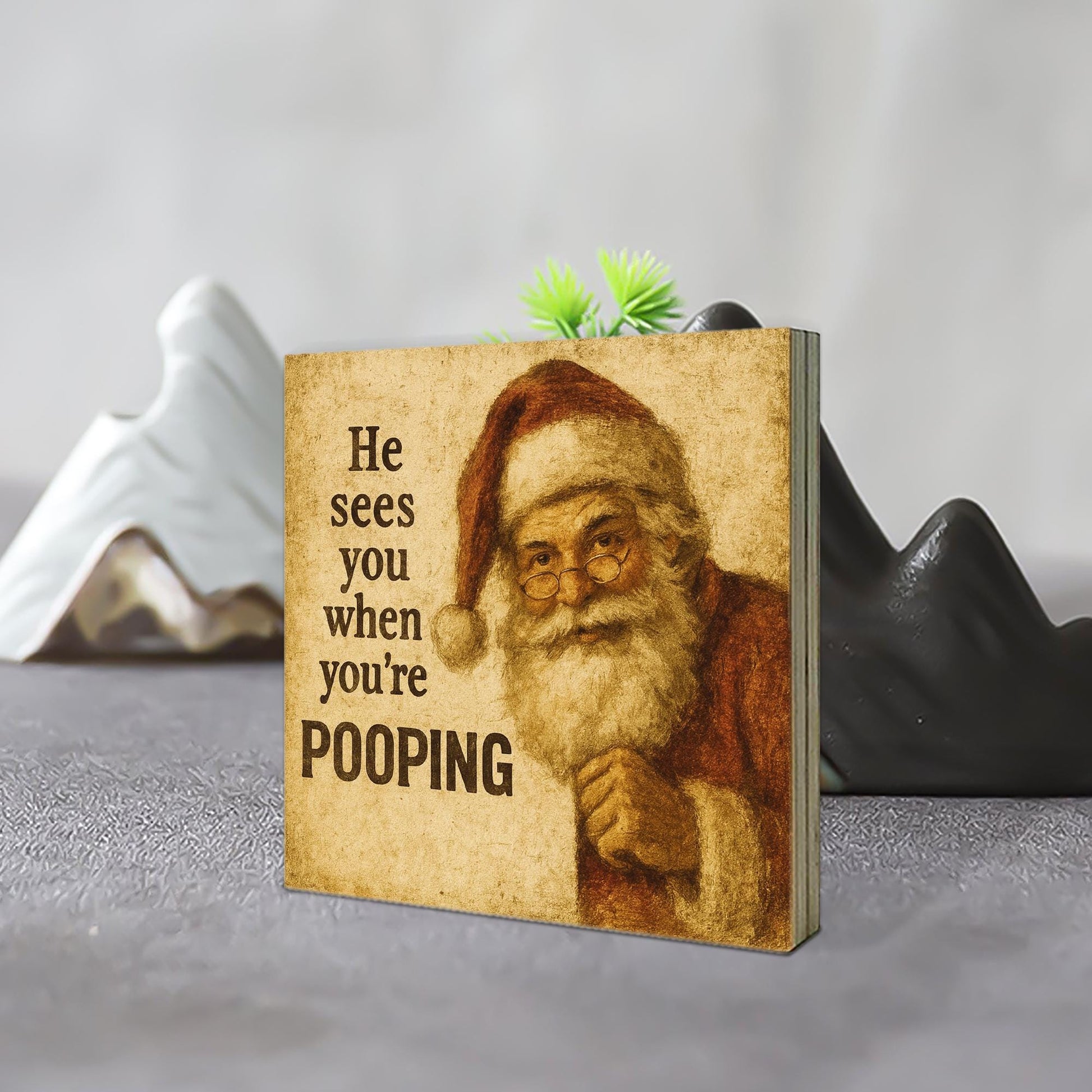 Funny Santa Bathroom Sign – Christmas Wooden Block Holiday Gag Gift Decor