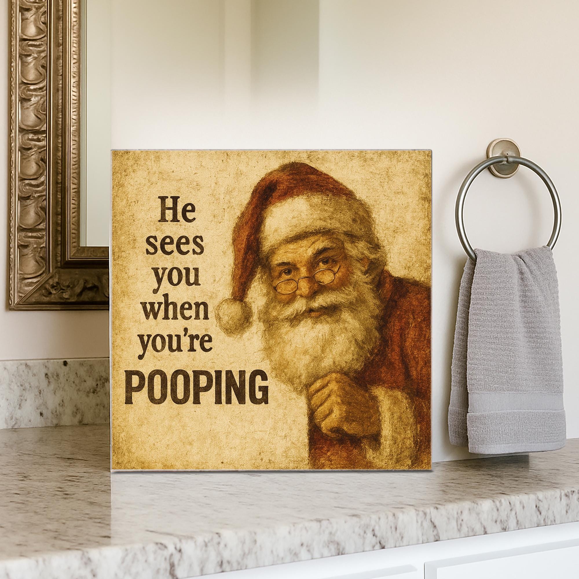 Funny Santa Bathroom Sign – Christmas Wooden Block Holiday Gag Gift Decor