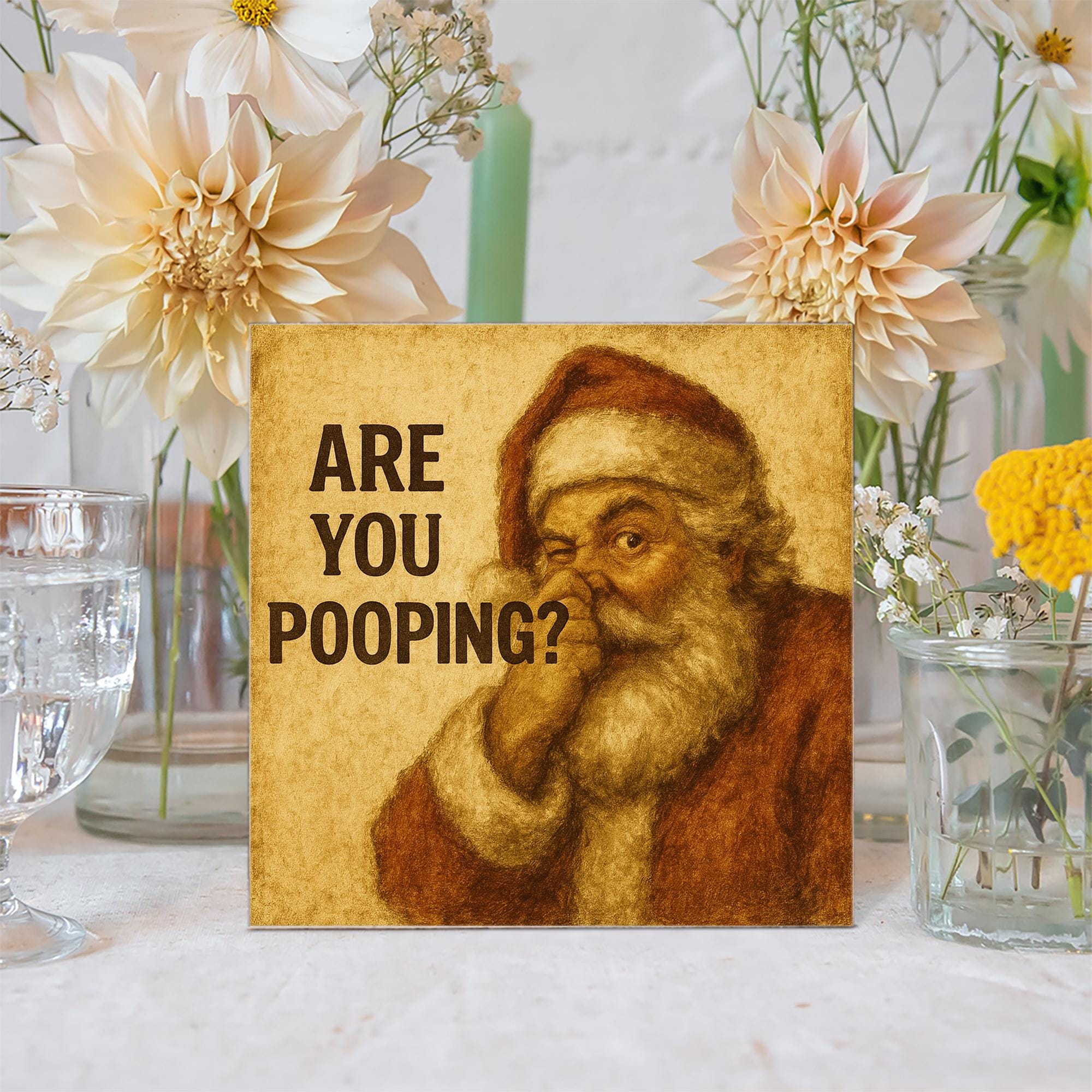 Santa Pooping Humor Sign – Rustic Christmas Bathroom Wooden Block Decor