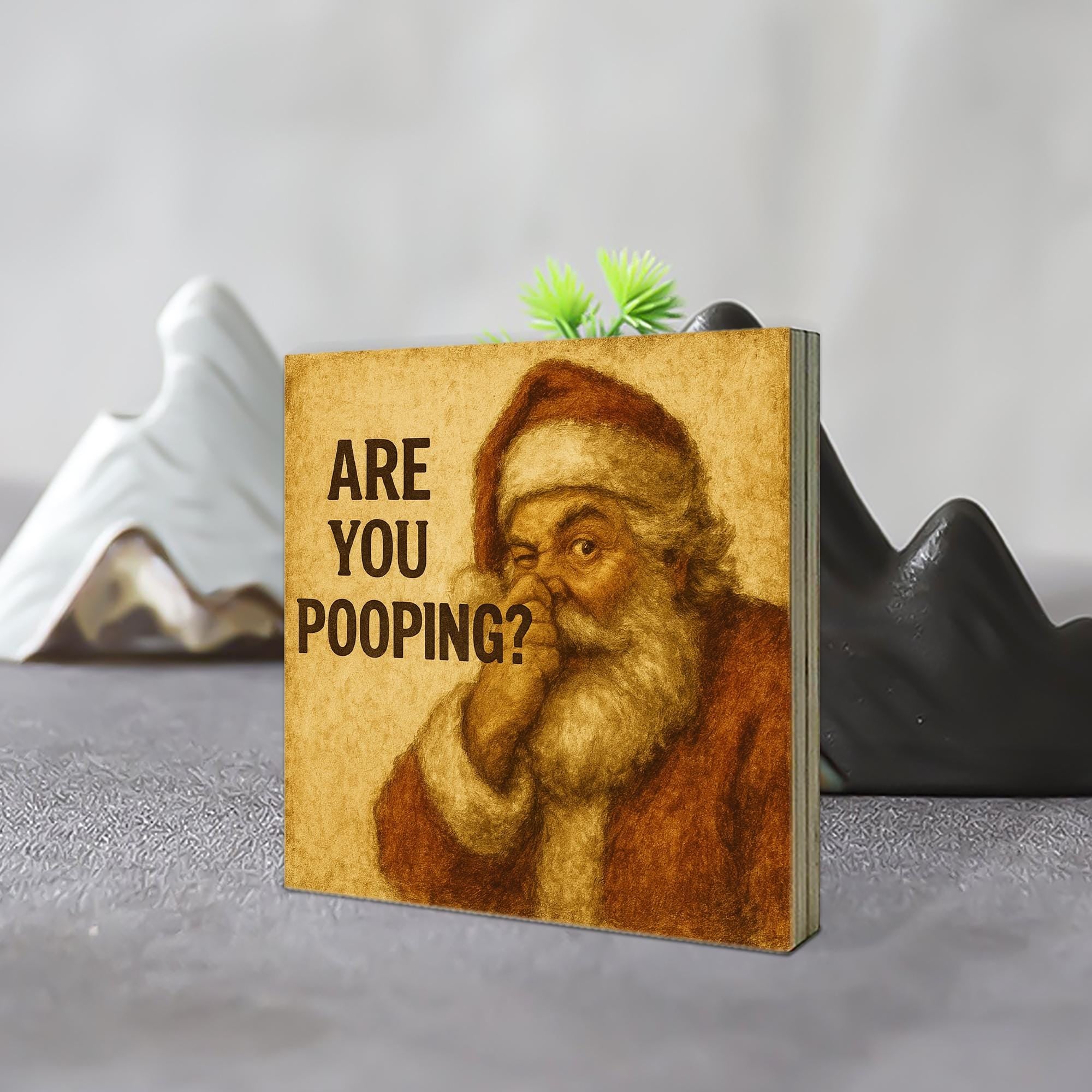 Santa Pooping Humor Sign – Rustic Christmas Bathroom Wooden Block Decor