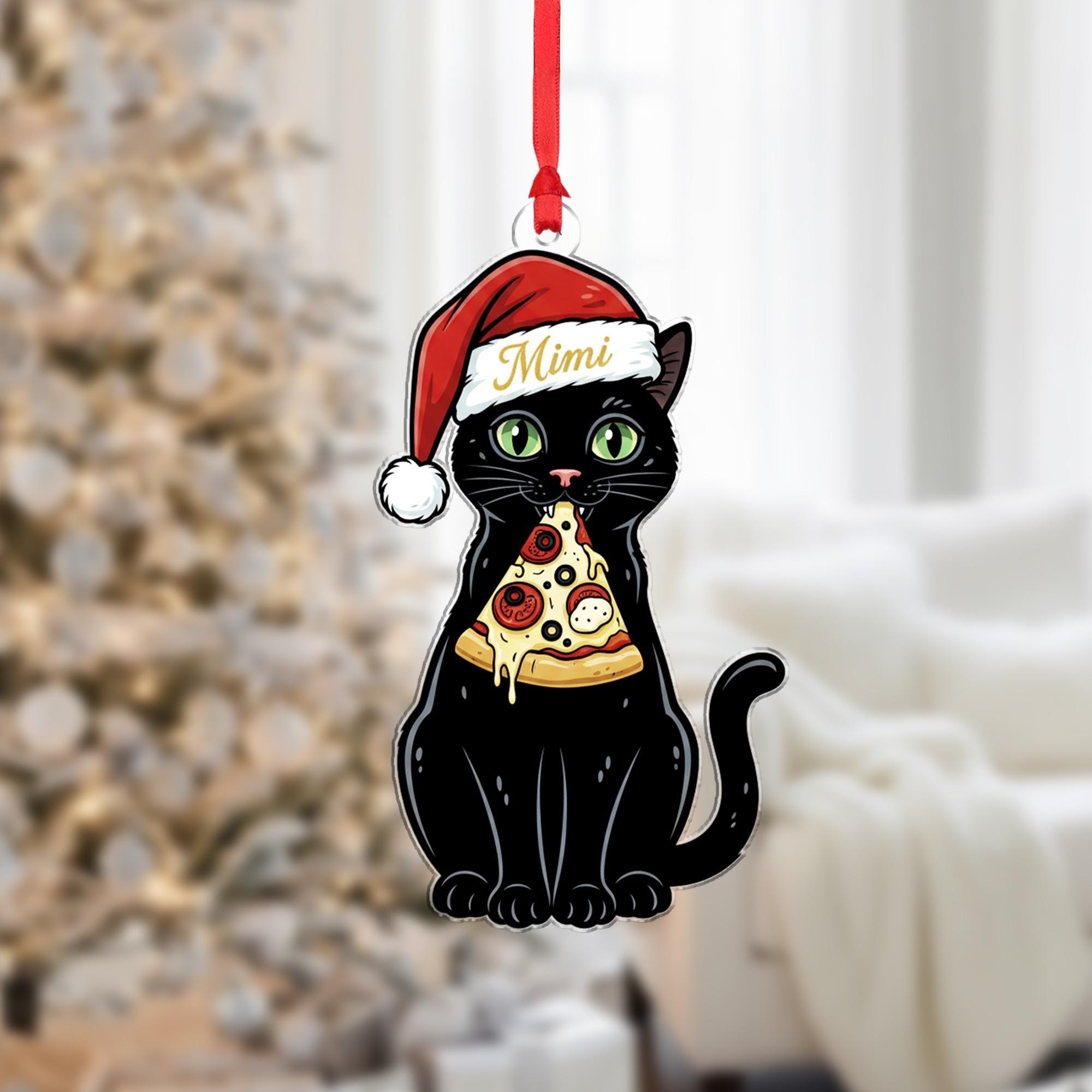 Personalized Black Cat Pizza Ornament: Custom Name Cat Christmas Decor