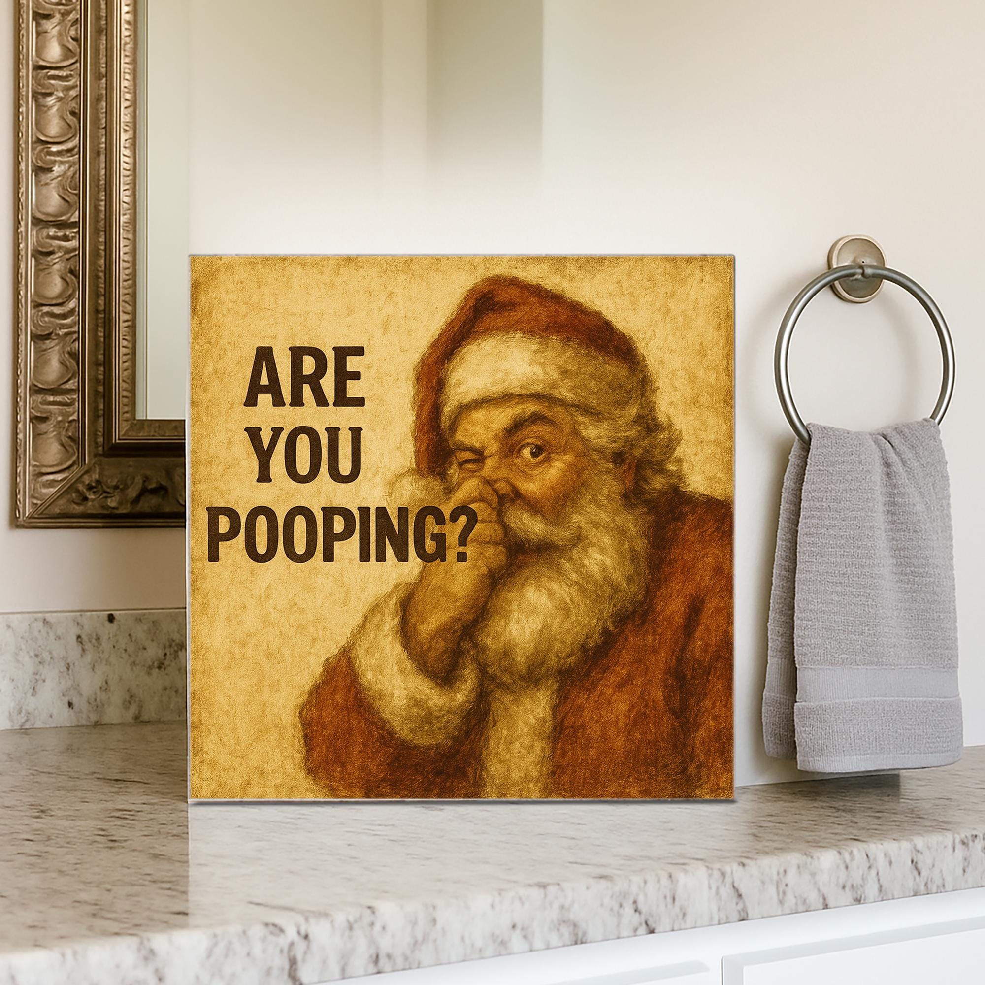 Santa Pooping Humor Sign – Rustic Christmas Bathroom Wooden Block Decor