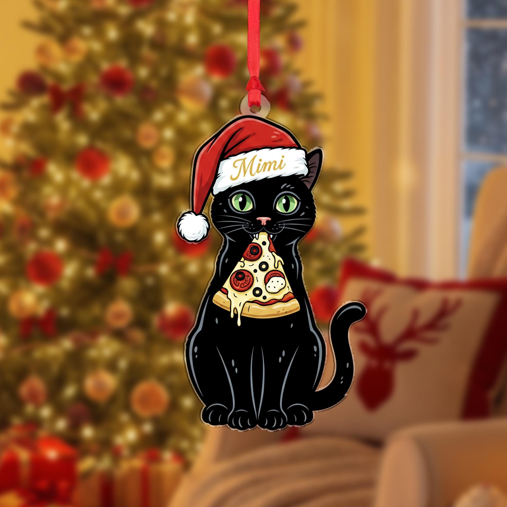 Personalized Black Cat Pizza Ornament: Custom Name Cat Christmas Decor