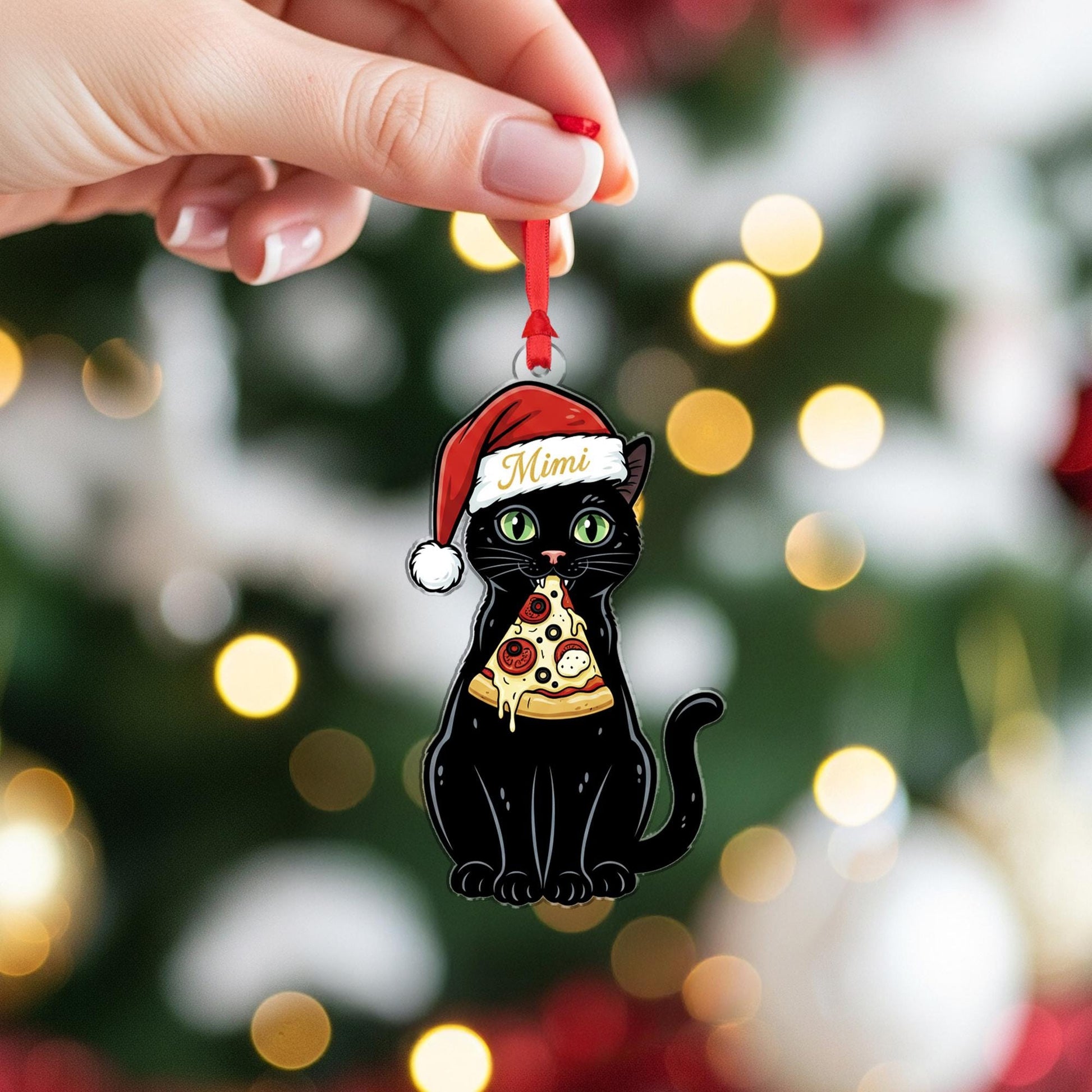 Personalized Black Cat Pizza Ornament: Custom Name Cat Christmas Decor