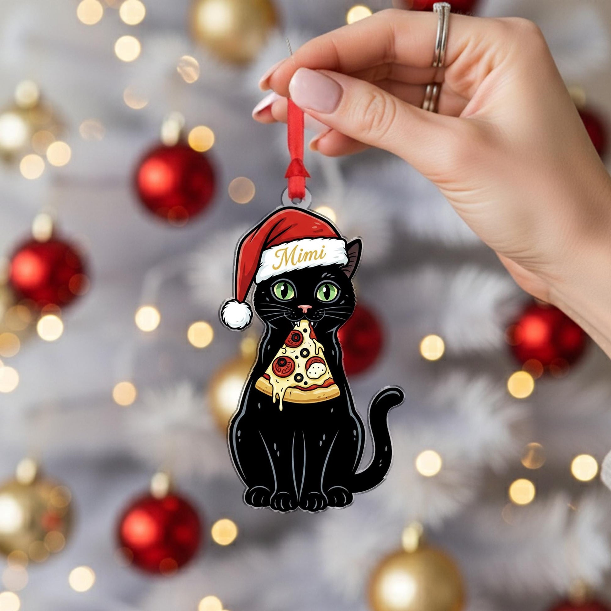Personalized Black Cat Pizza Ornament: Custom Name Cat Christmas Decor