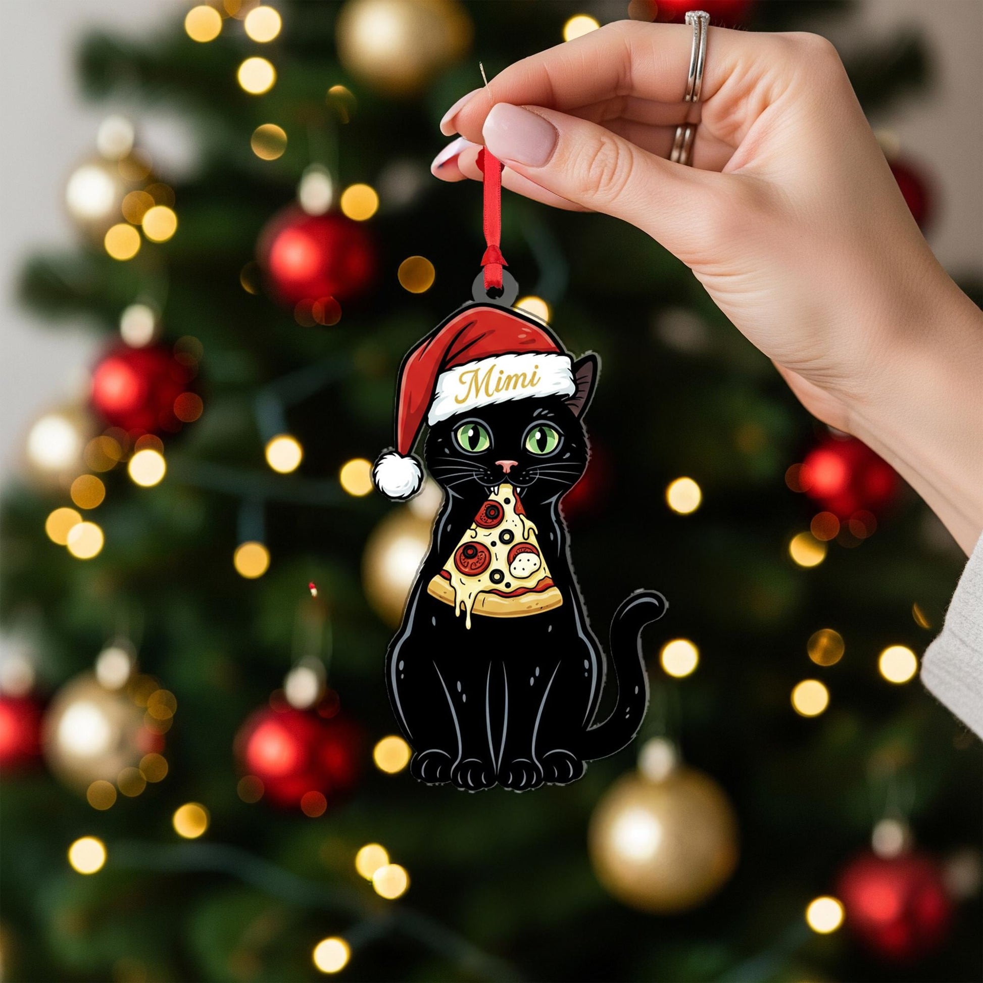 Personalized Black Cat Pizza Ornament: Custom Name Cat Christmas Decor