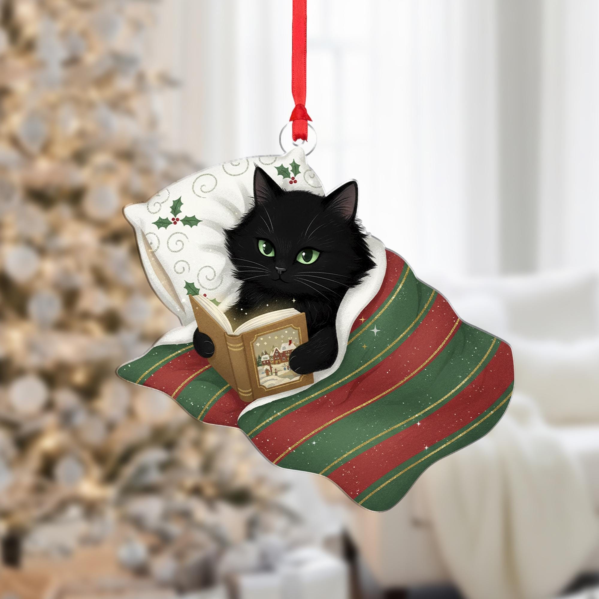 Christmas Black Cat Ornament Reading Book: Holiday Tree Decor