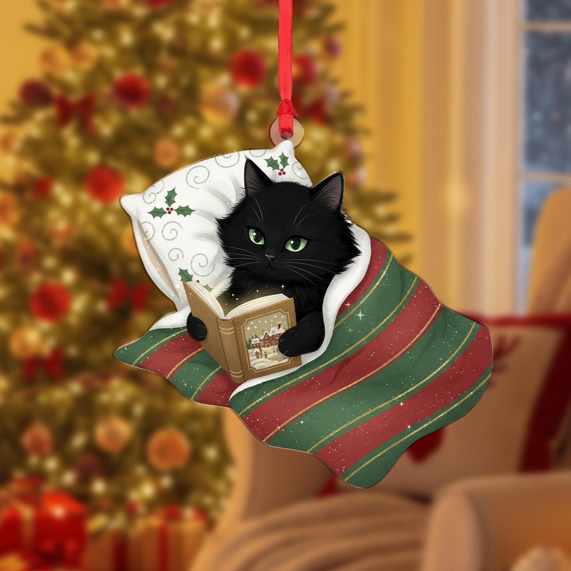 Christmas Black Cat Ornament Reading Book: Holiday Tree Decor