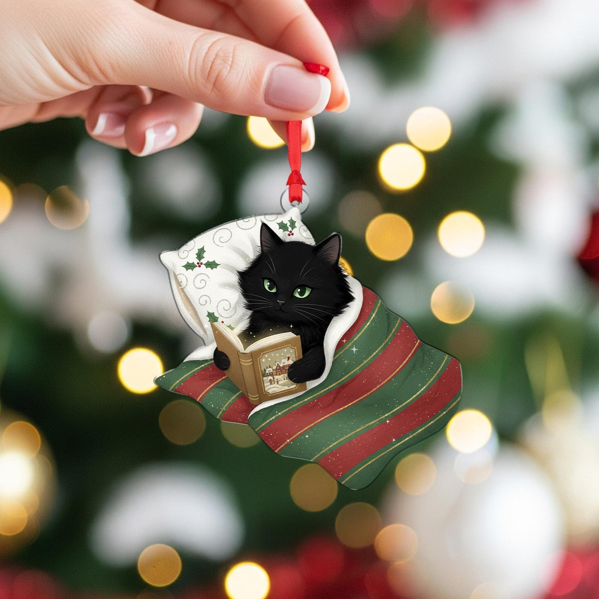 Christmas Black Cat Ornament Reading Book: Holiday Tree Decor