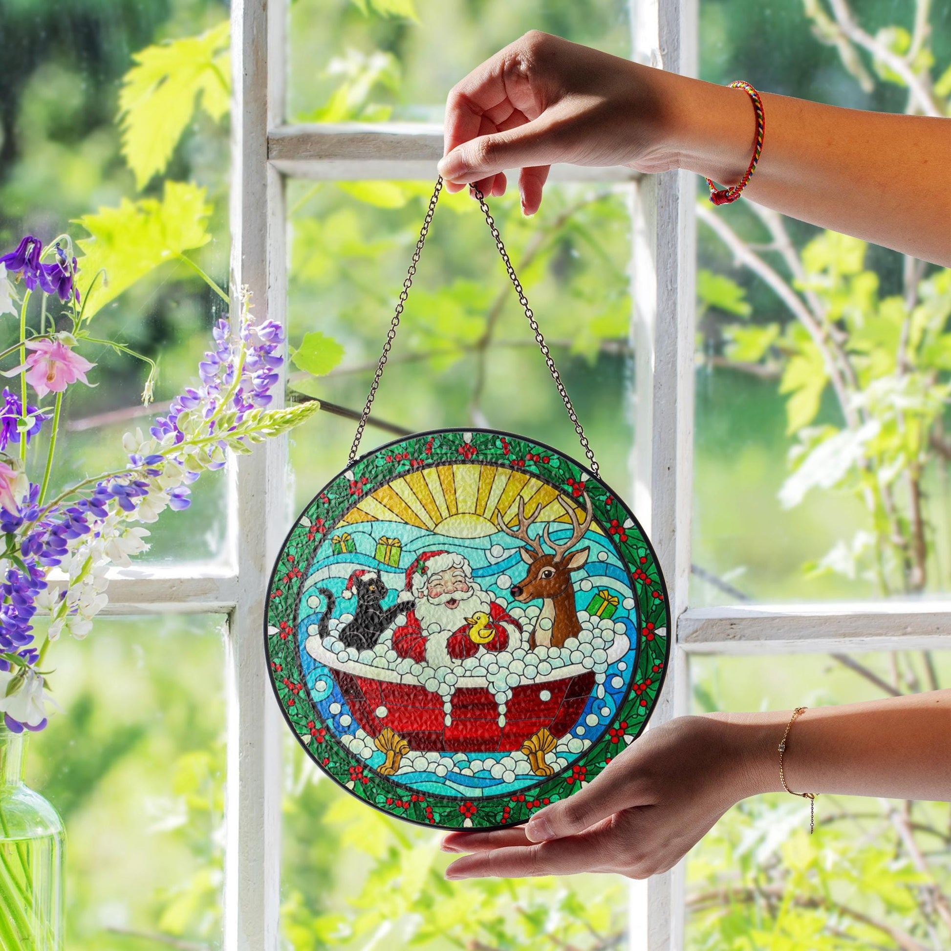 Santa Bathtub Suncatcher – Funny Christmas Window Hanging Holiday Decor