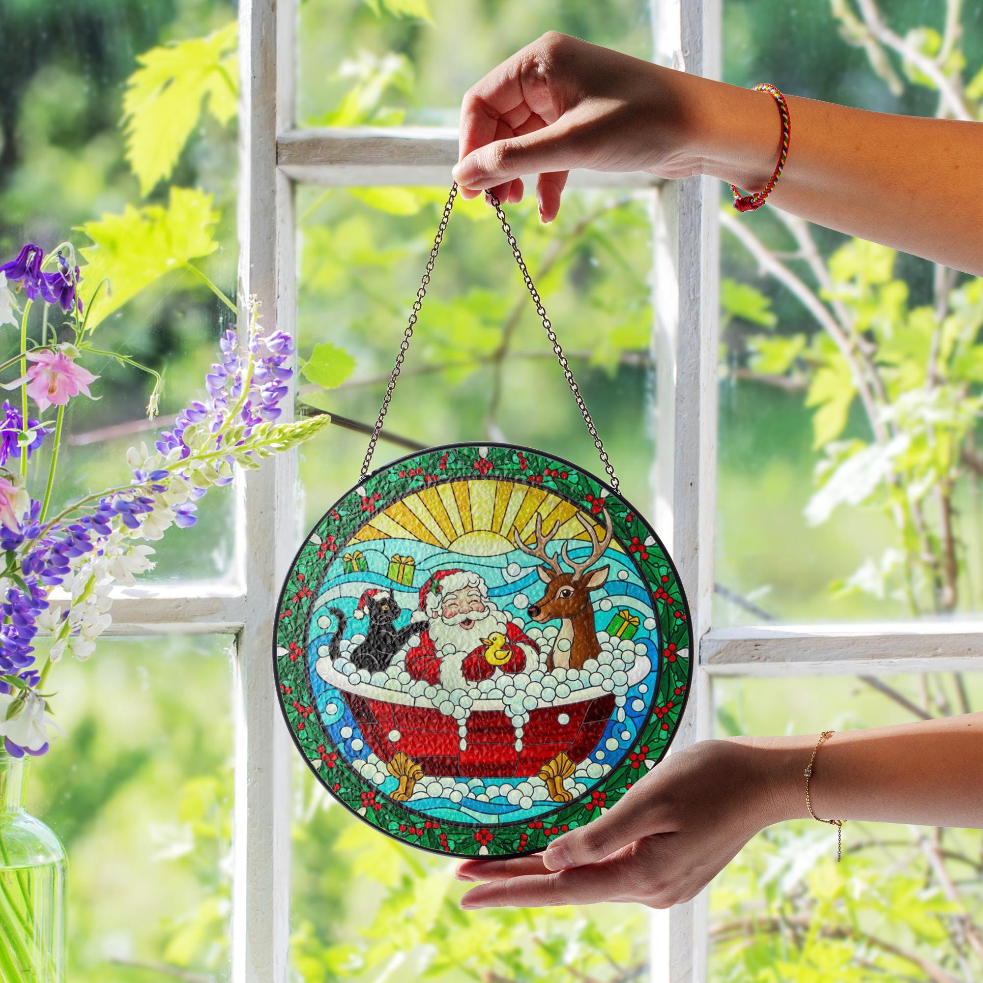 Santa Bathtub Suncatcher – Funny Christmas Window Hanging Holiday Decor