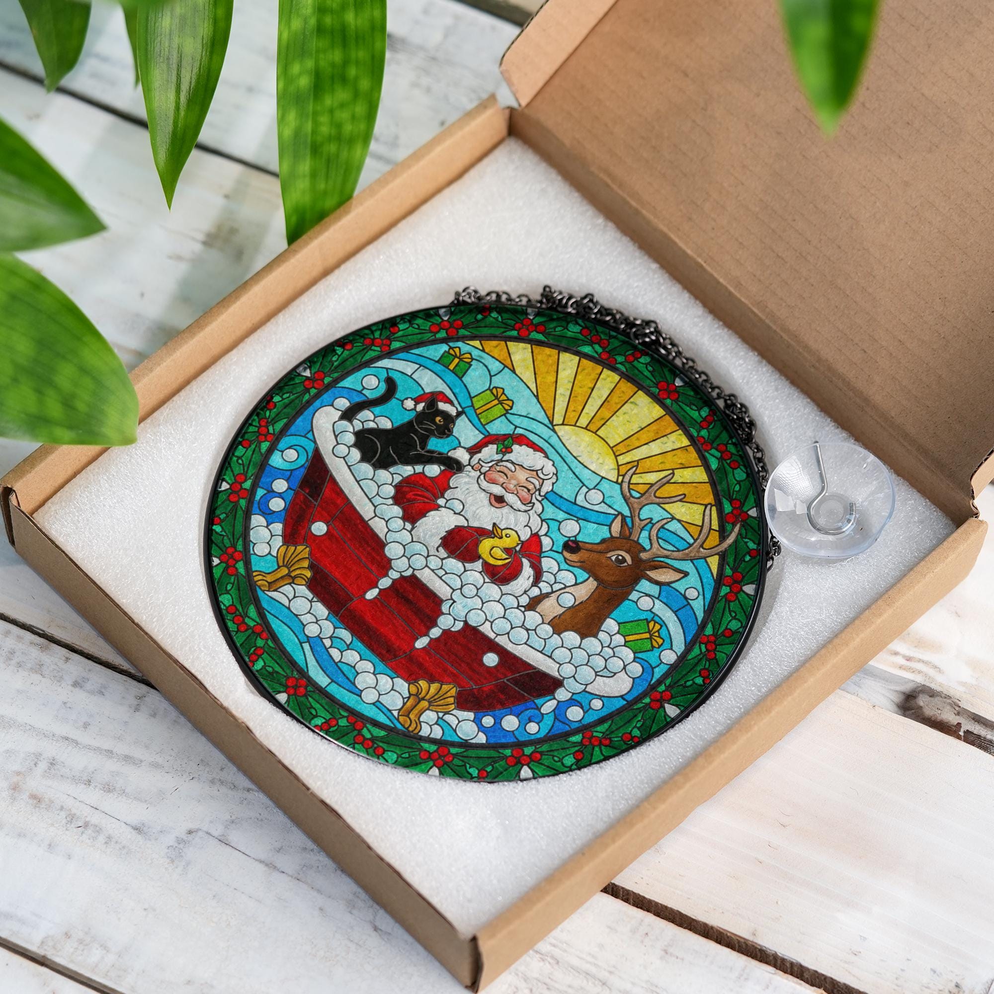 Santa Bathtub Suncatcher – Funny Christmas Window Hanging Holiday Decor