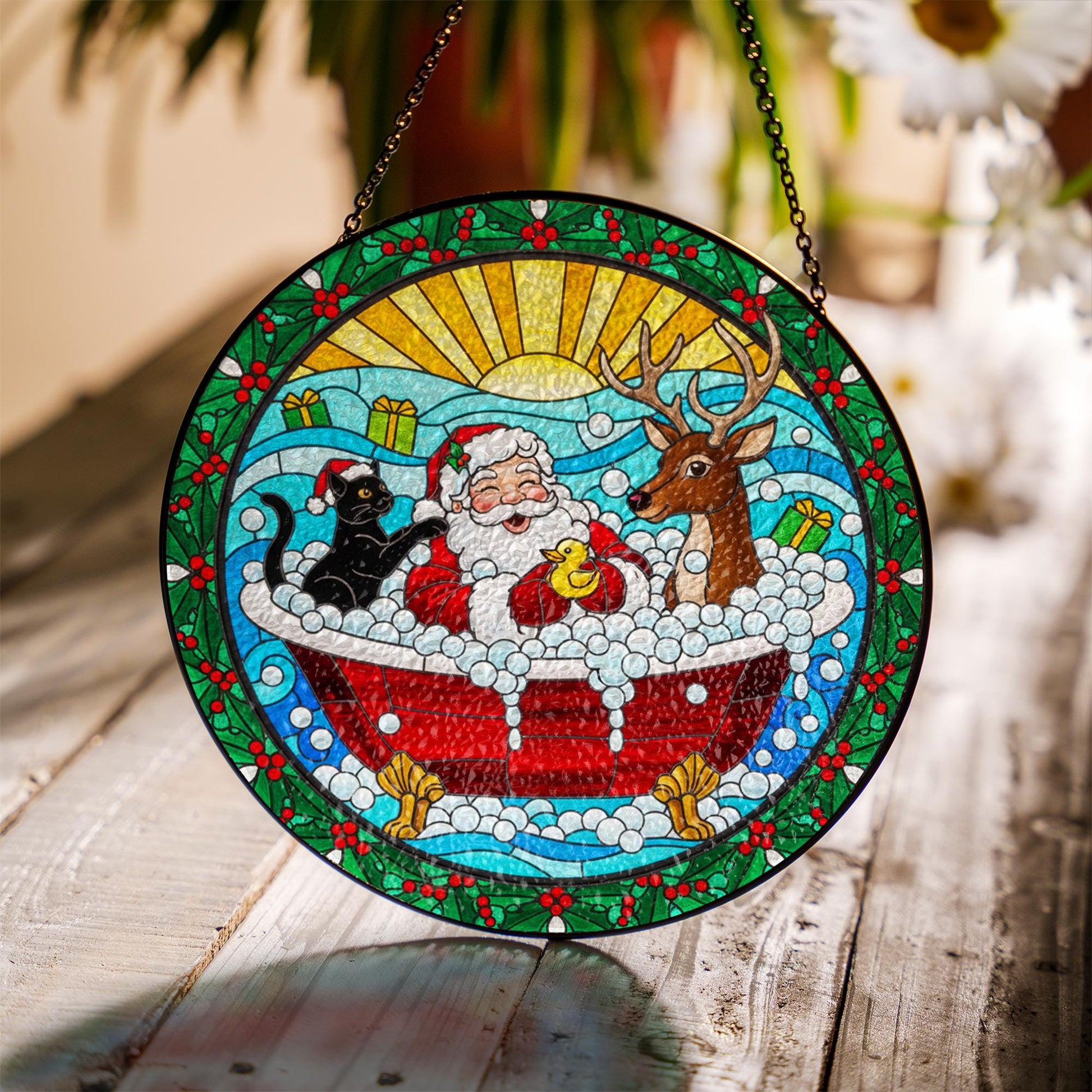 Santa Bathtub Suncatcher – Funny Christmas Window Hanging Holiday Decor