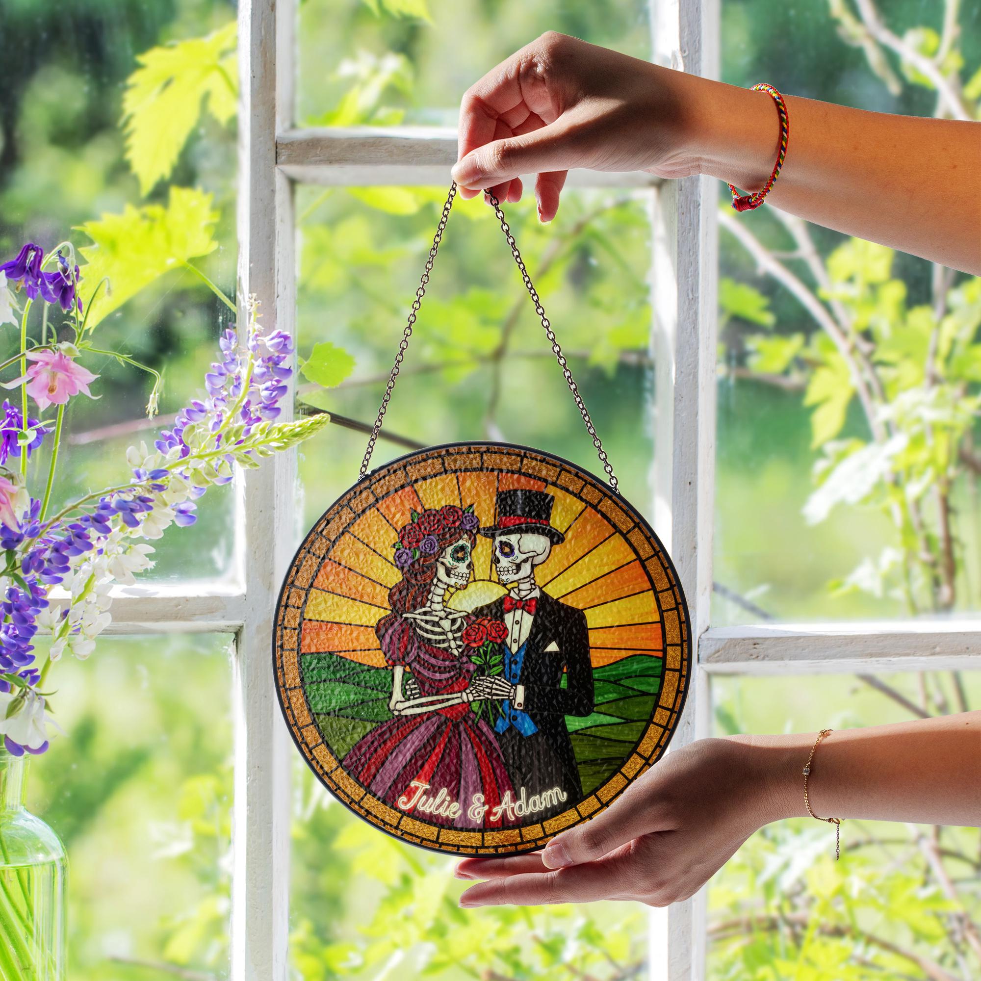 Skeleton Couple Suncatcher – Personalized Glass Gothic Wedding Gift