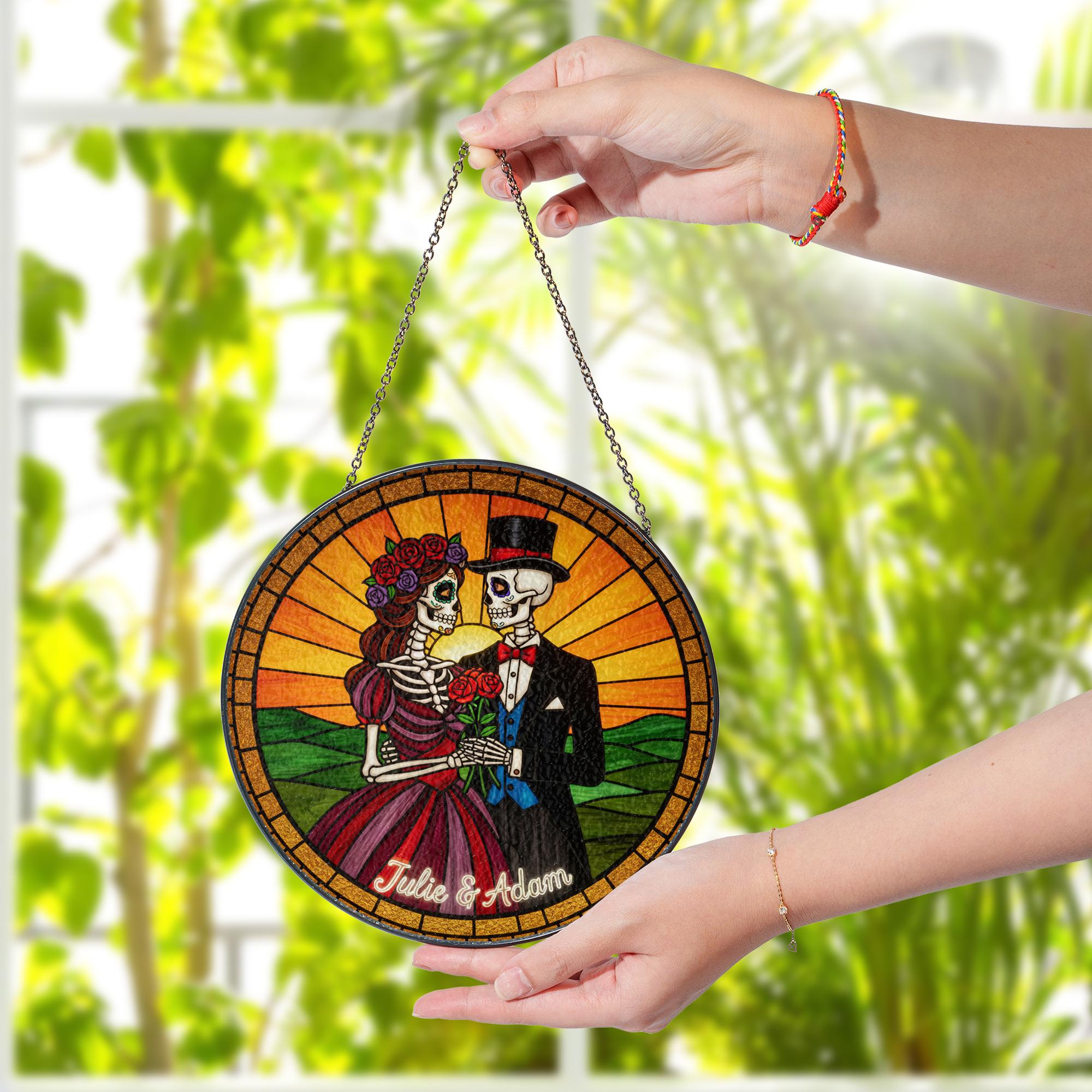 Skeleton Couple Suncatcher – Personalized Glass Gothic Wedding Gift