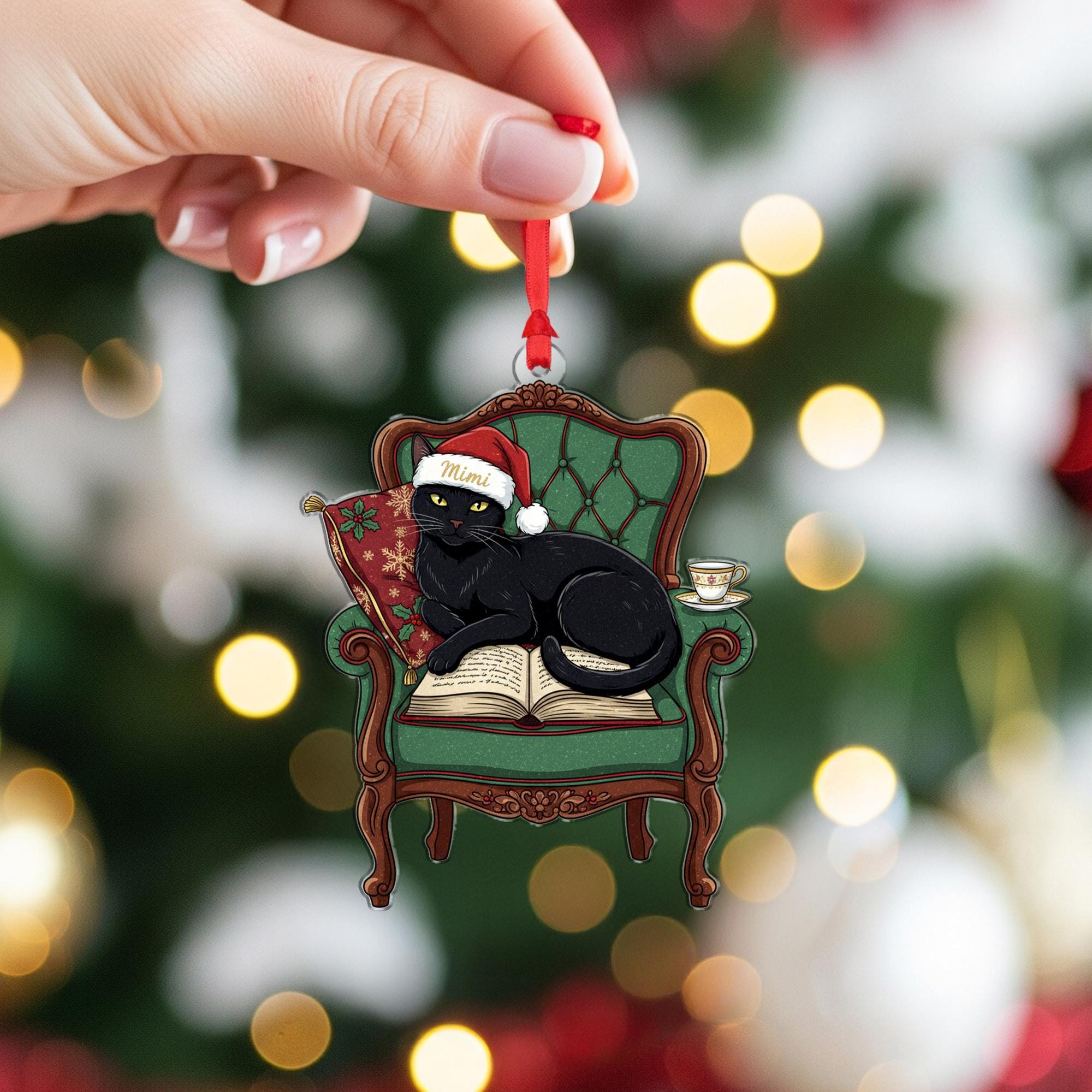 Black Cat Christmas Ornament On Chair & Book: Cat Lover Gift