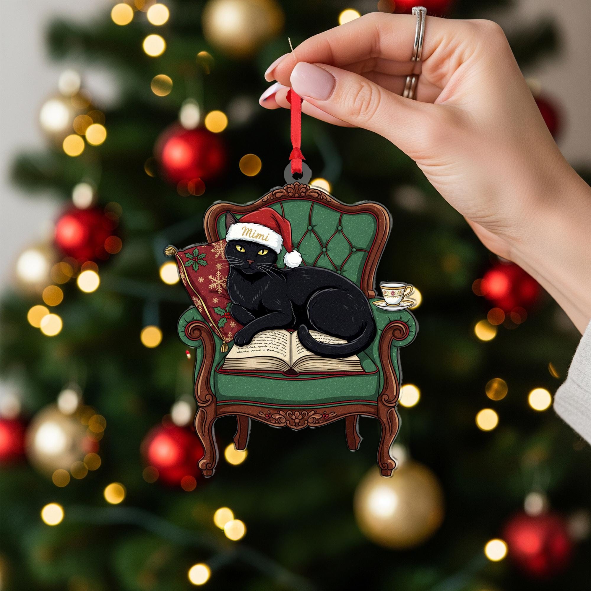 Black Cat Christmas Ornament On Chair & Book: Cat Lover Gift