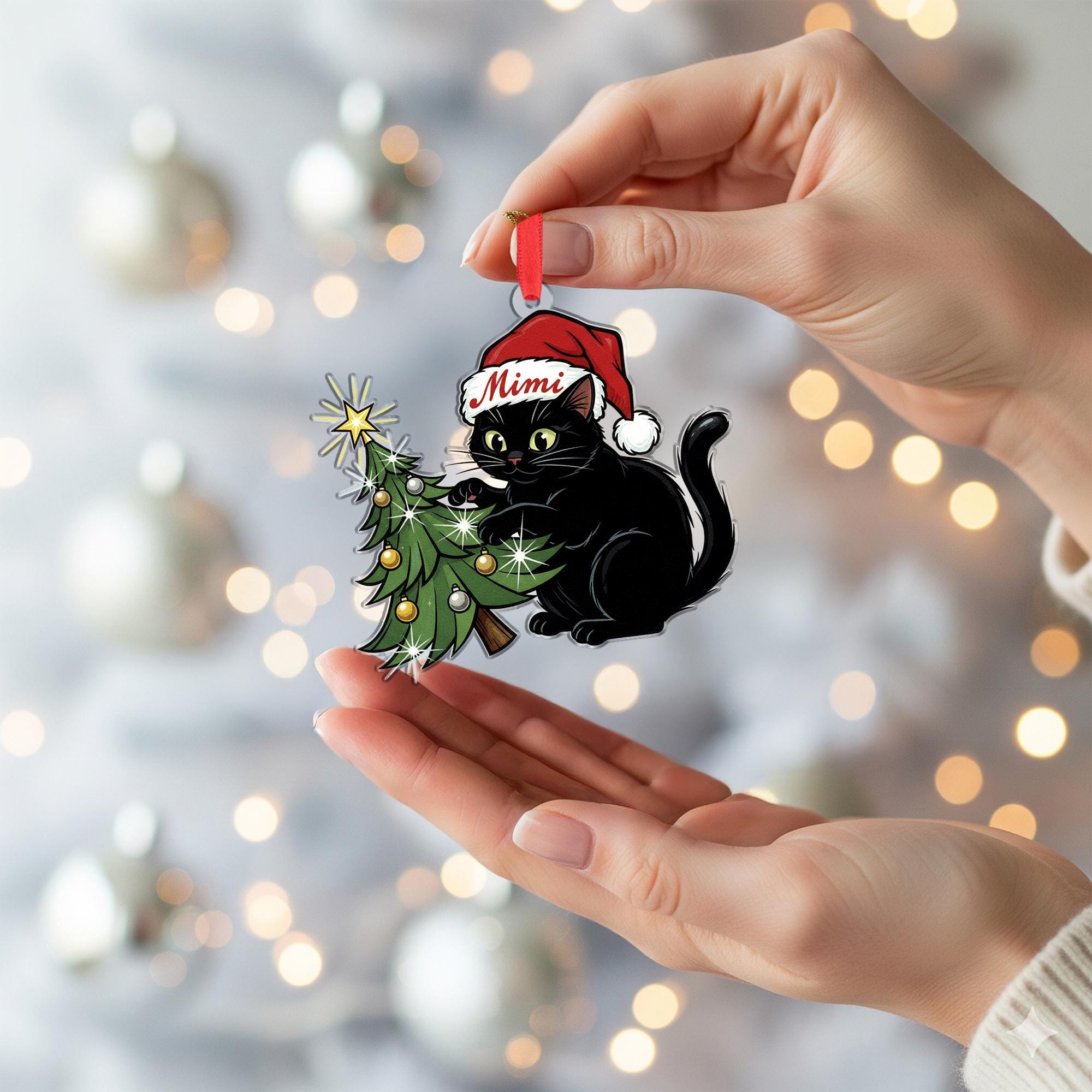 Black Cat In Santa Hat Ornament: Christmas Tree Decor