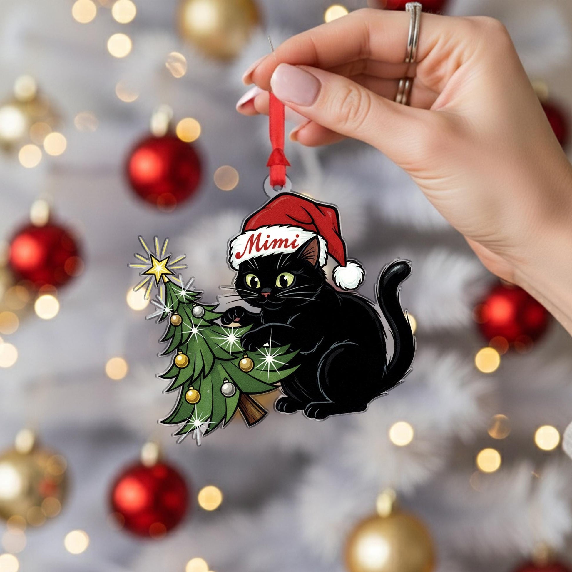 Black Cat In Santa Hat Ornament: Christmas Tree Decor