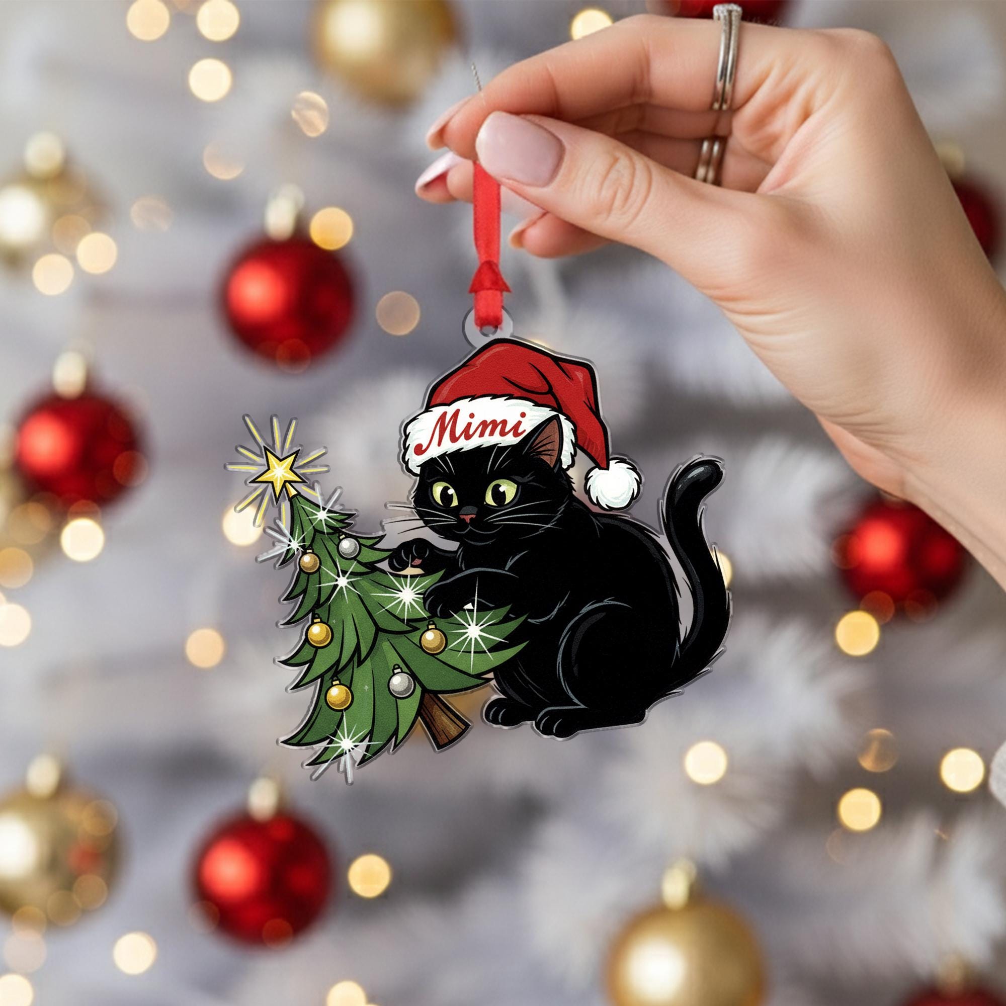 Black Cat In Santa Hat Ornament: Christmas Tree Decor