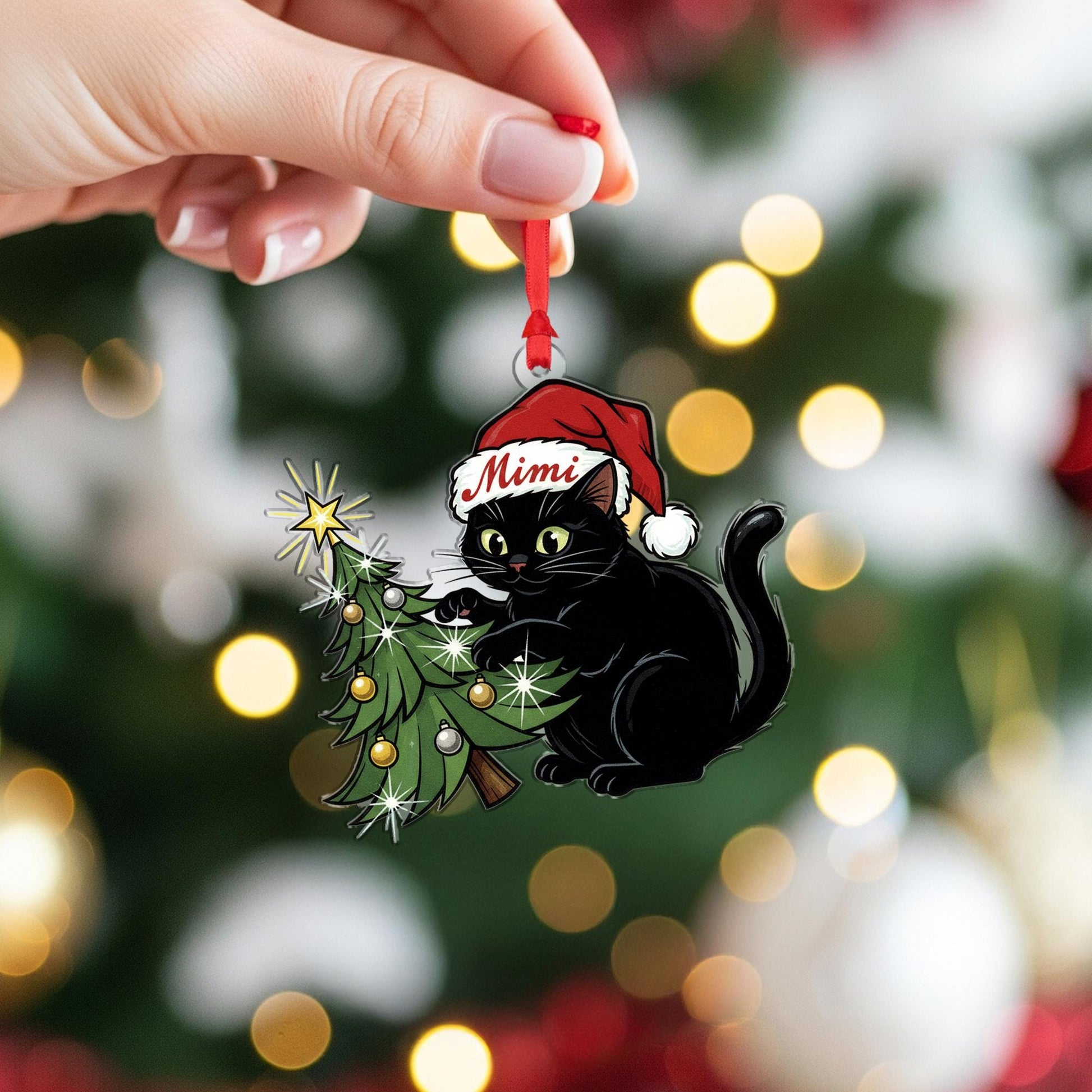 Black Cat In Santa Hat Ornament: Christmas Tree Decor