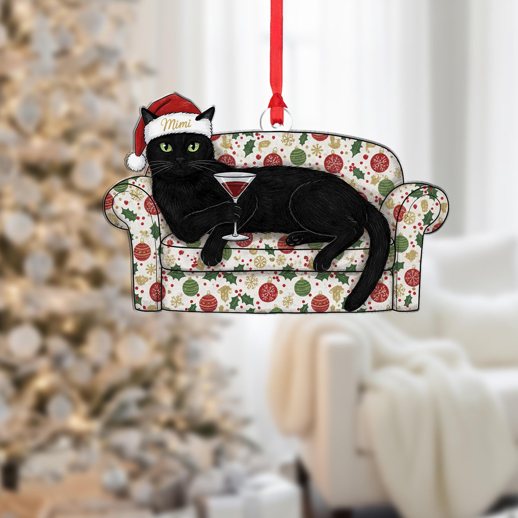 Black Cat On Sofa Ornament With Wine Glass: Christmas Cat Decor