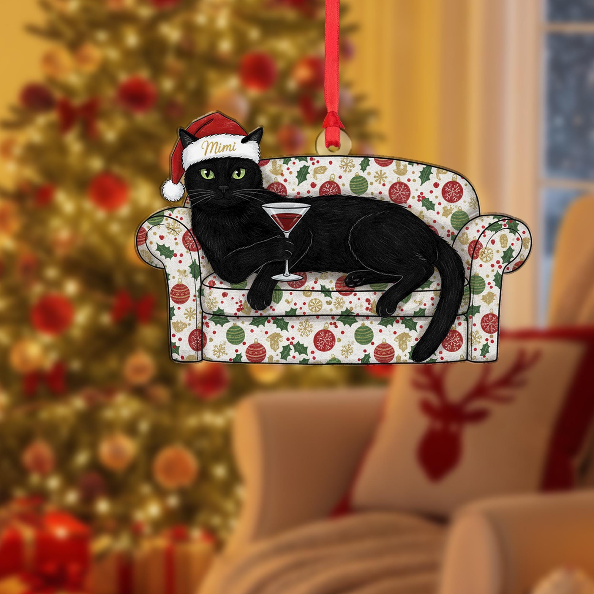 Black Cat On Sofa Ornament With Wine Glass: Christmas Cat Decor