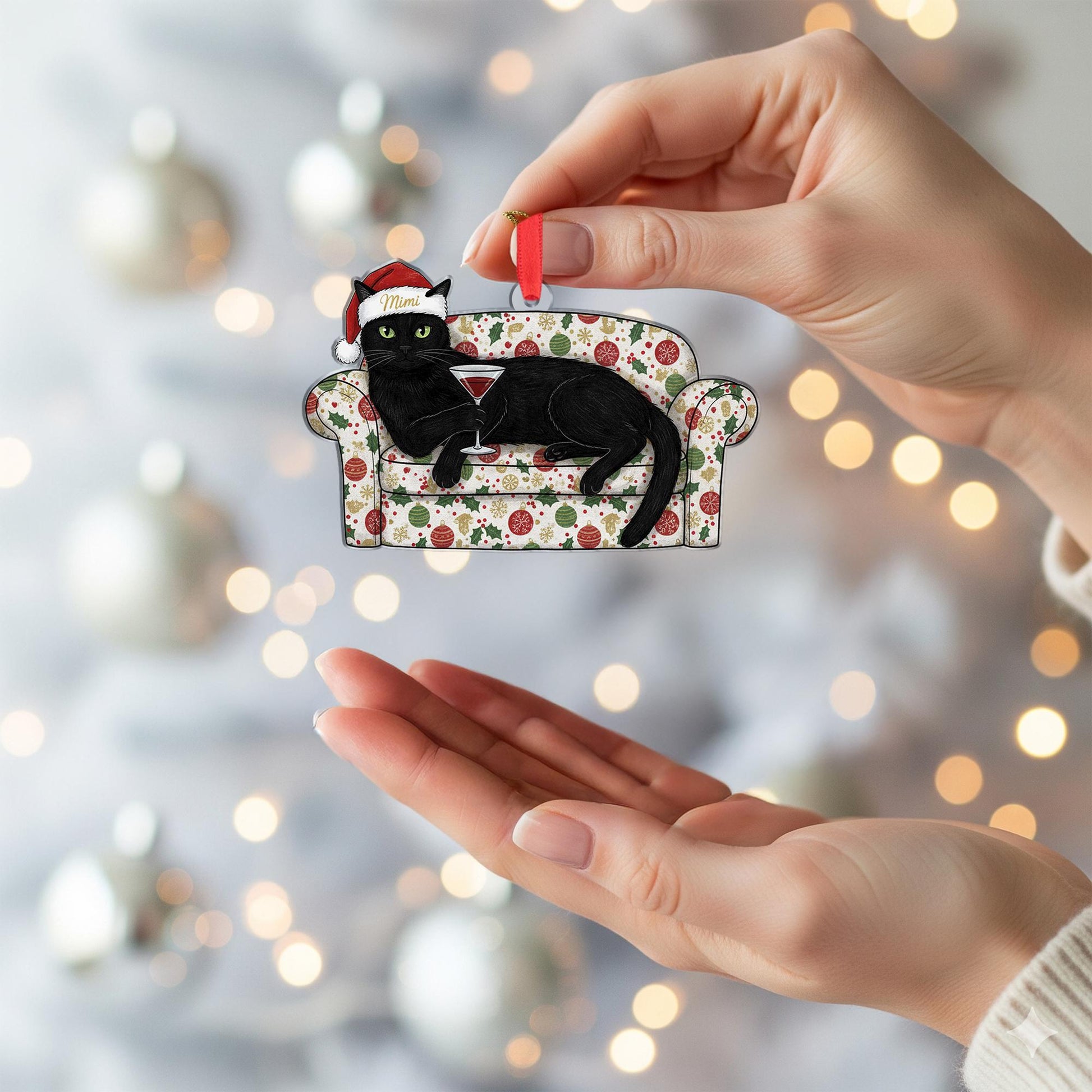 Black Cat On Sofa Ornament With Wine Glass: Christmas Cat Decor