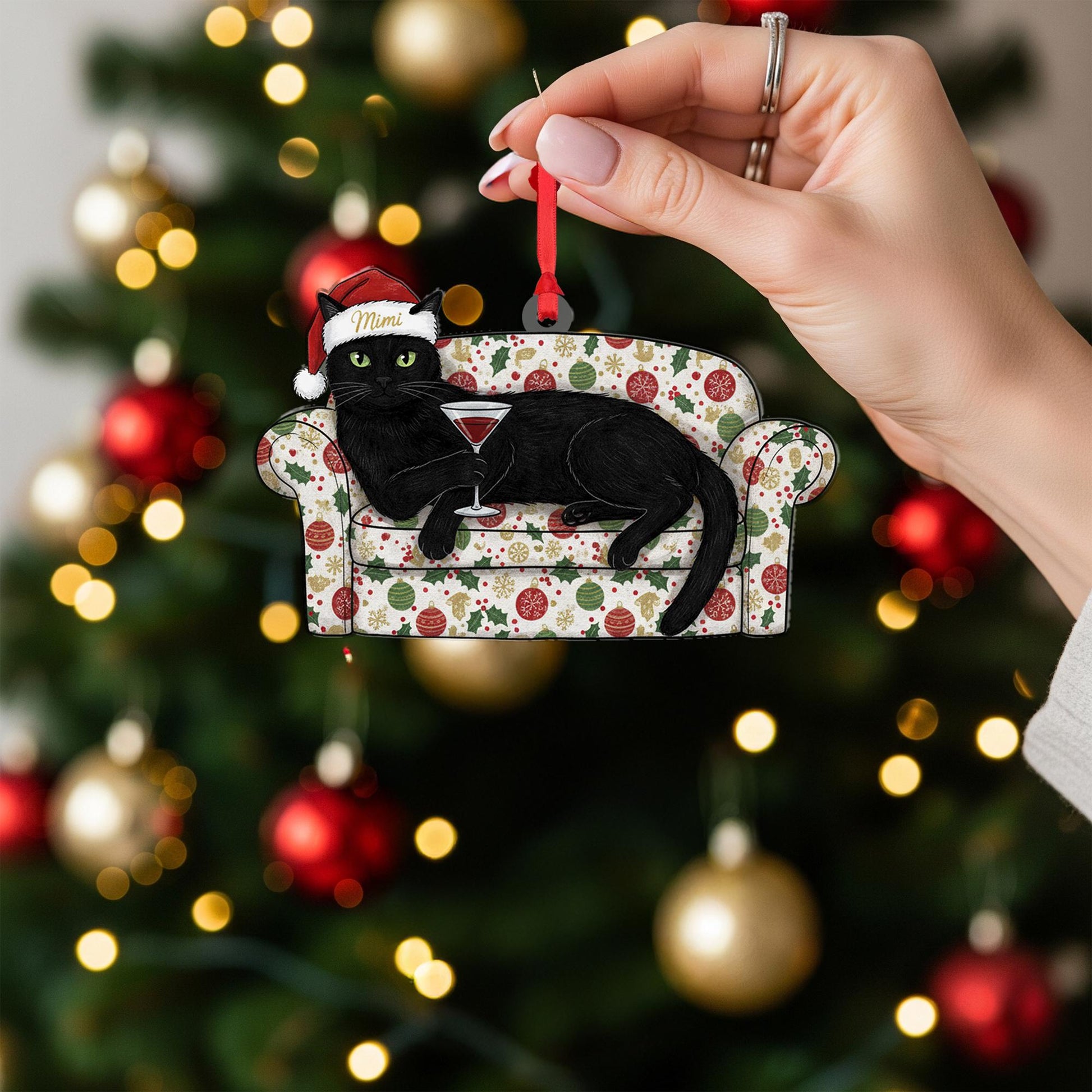 Black Cat On Sofa Ornament With Wine Glass: Christmas Cat Decor