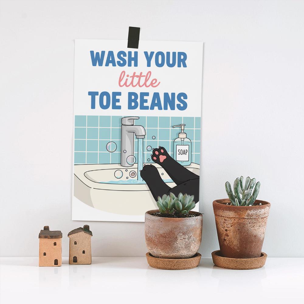 Wash Your Little Toe Beans Poster – Funny Cat Bathroom Print