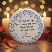 Personalized Ceramic Memorial Ornament: Sympathy Keepsake with In Loving Memory Quote, Blue Floral Wreath image 1