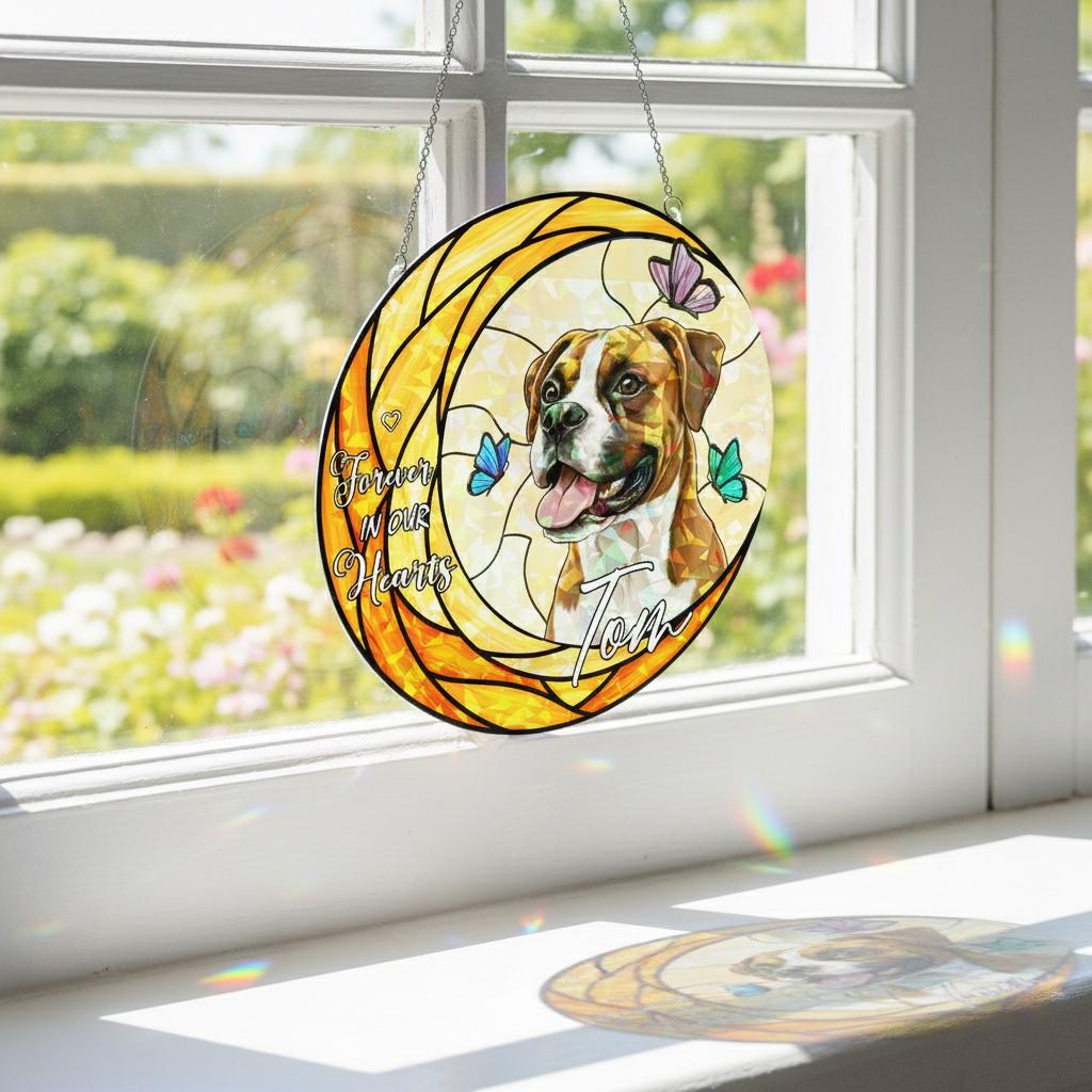 Personalized Acrylic Dog Memorial Suncatcher: Sympathy Keepsake with Boxer Portrait, Hologram Window Hanging image 4