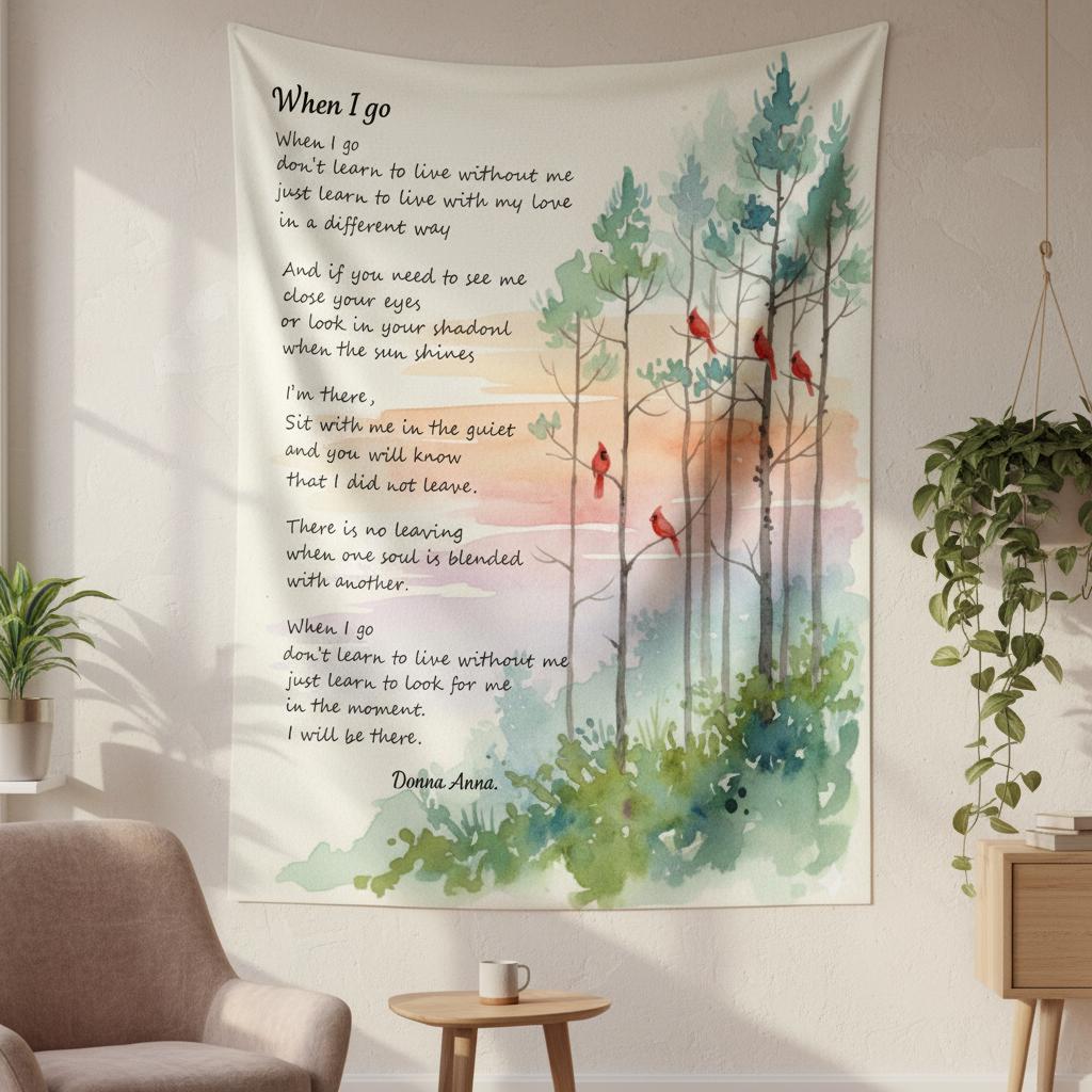 Cardinal & Pine Tree Memorial Tapestry: "When I Go" Poem Wall Hanging image 2