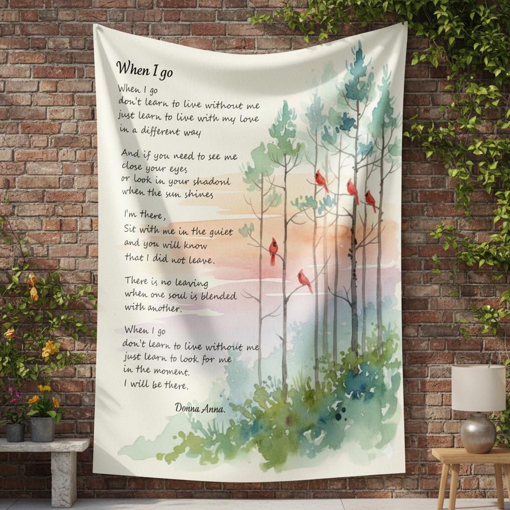 Cardinal & Pine Tree Memorial Tapestry: "When I Go" Poem Wall Hanging image 1