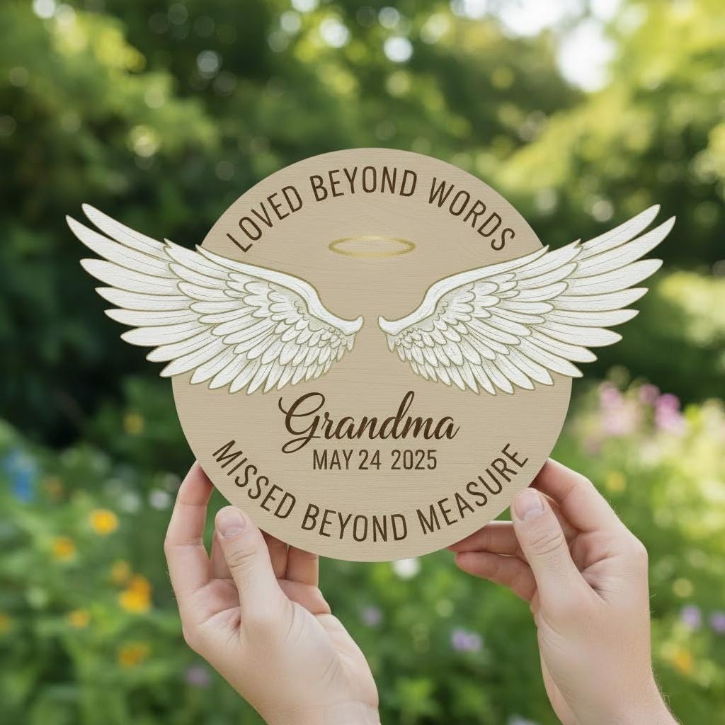 Personalized Wooden Memorial Sign: Round Sympathy Plaque with 3D Angel Wings, Remembrance Wall Decor image 3