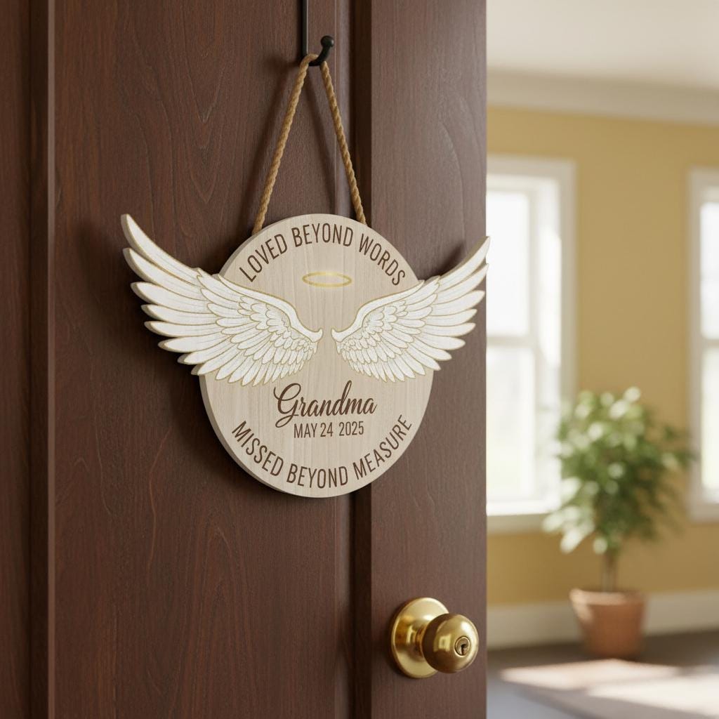 Personalized Wooden Memorial Sign: Round Sympathy Plaque with 3D Angel Wings, Remembrance Wall Decor image 4
