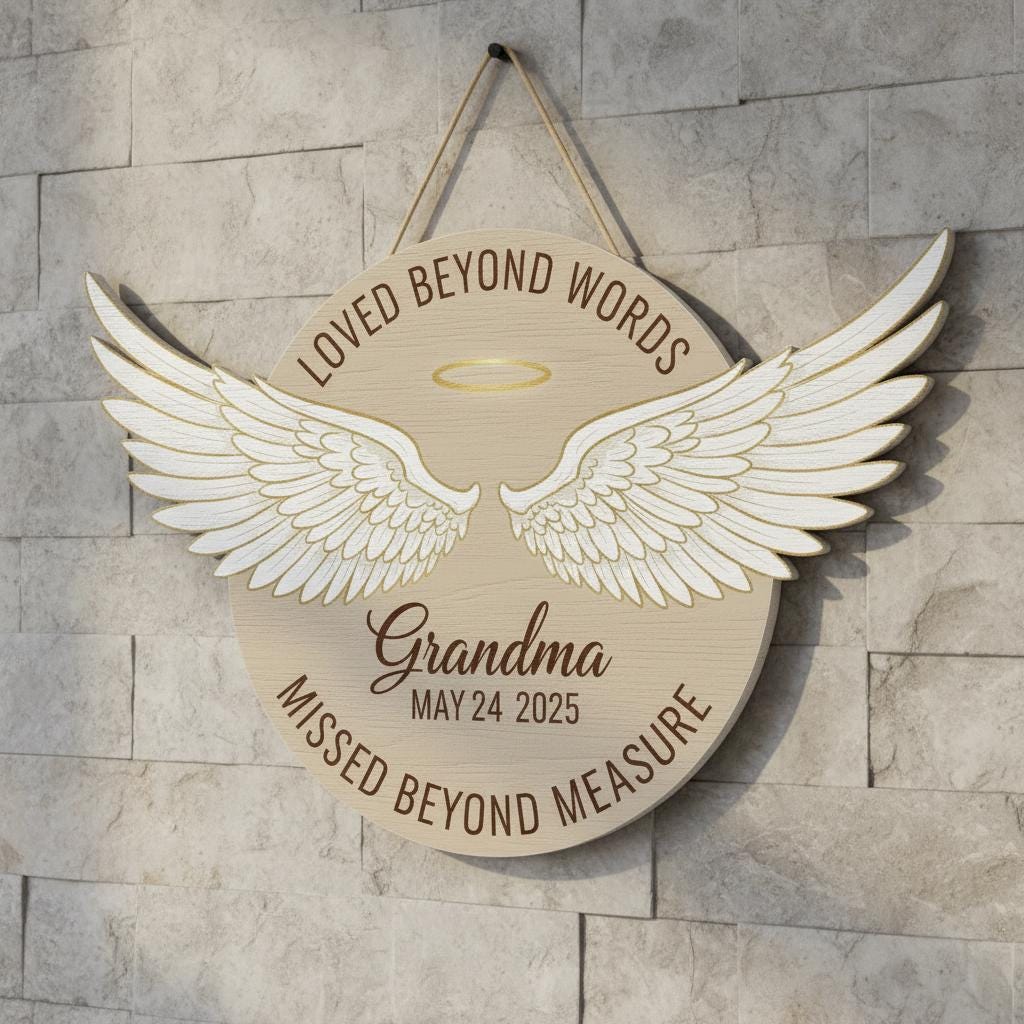 Personalized Wooden Memorial Sign: Round Sympathy Plaque with 3D Angel Wings, Remembrance Wall Decor image 1