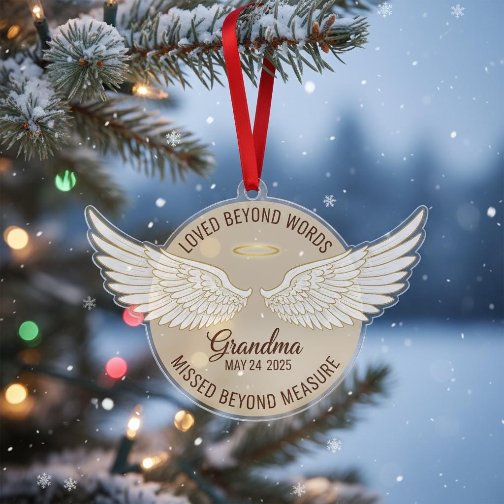 Personalized Acrylic Memorial Ornament: Sympathy Keepsake with Angel Wings, In Loving Memory Quote image 2