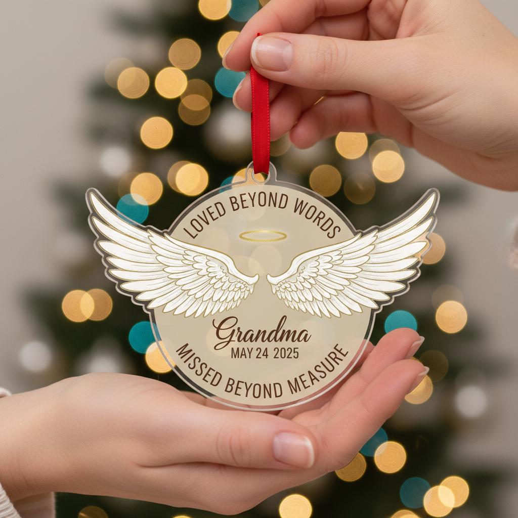 Personalized Acrylic Memorial Ornament: Sympathy Keepsake with Angel Wings, In Loving Memory Quote image 1