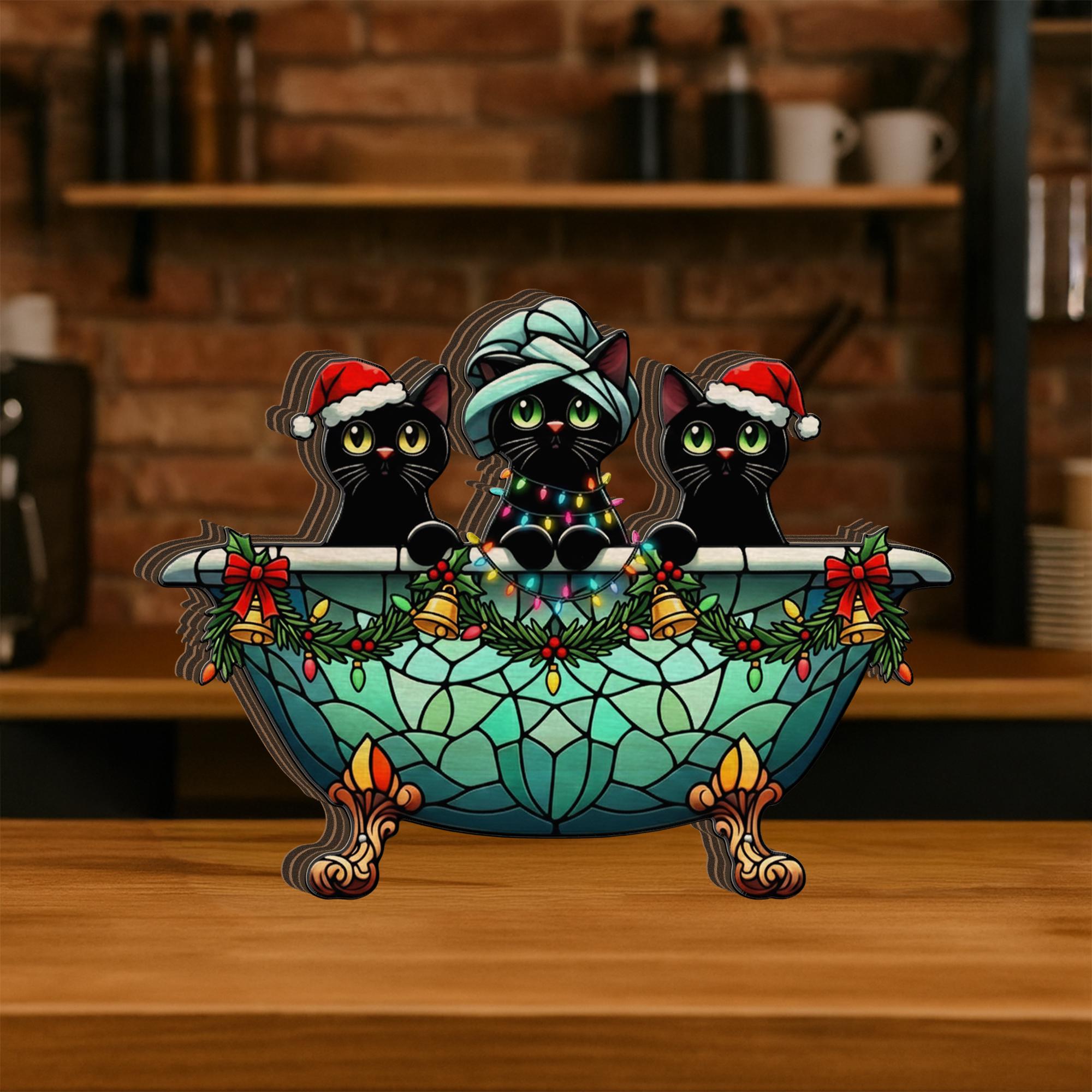 Christmas Cat Bathroom Decor Wooden Blocks: Winter Home Decoration Black Cat Tub Scene image 3