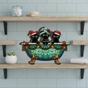 Christmas Cat Bathroom Decor Wooden Blocks: Winter Home Decoration Black Cat Tub Scene image 1