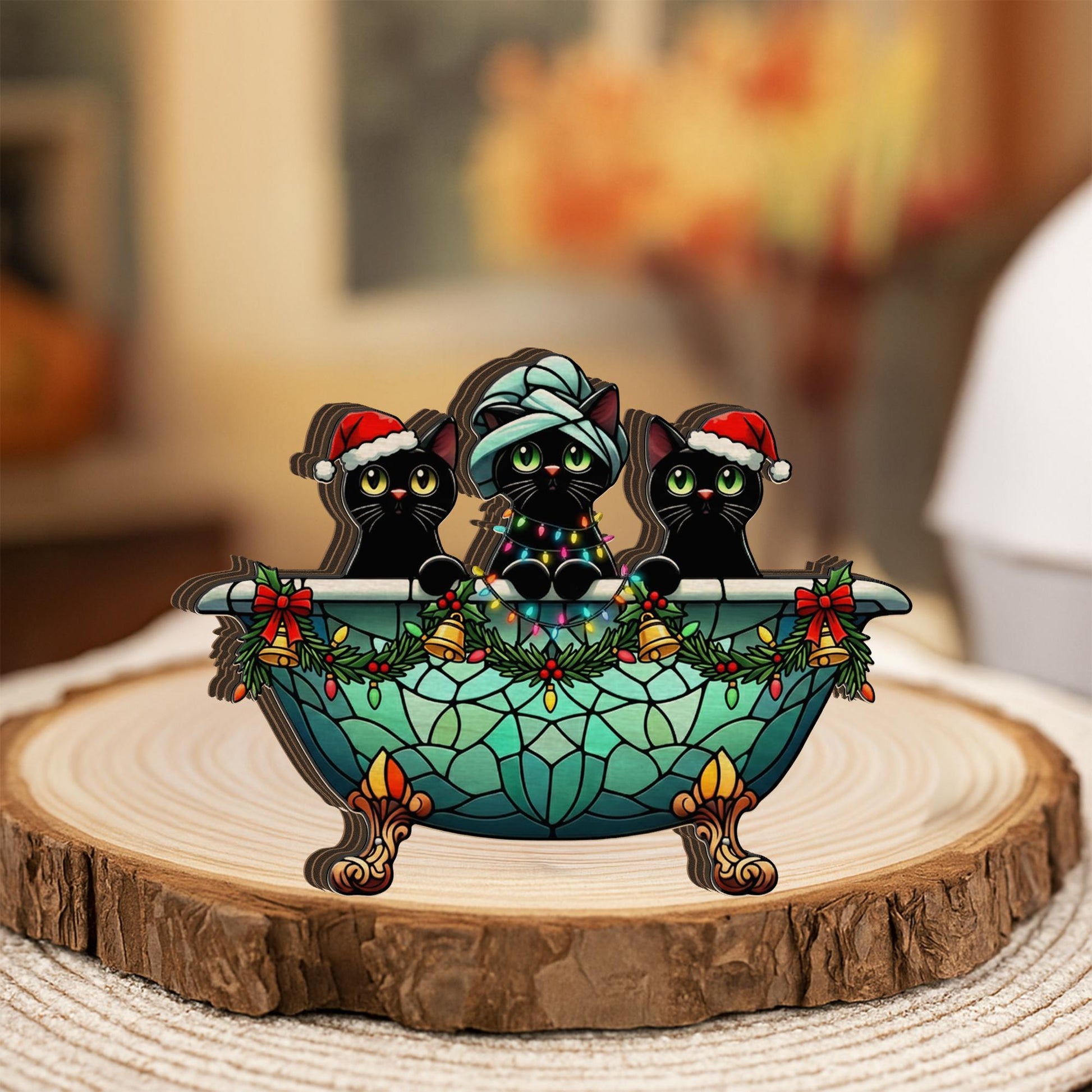 Christmas Cat Bathroom Decor Wooden Blocks: Winter Home Decoration Black Cat Tub Scene image 6